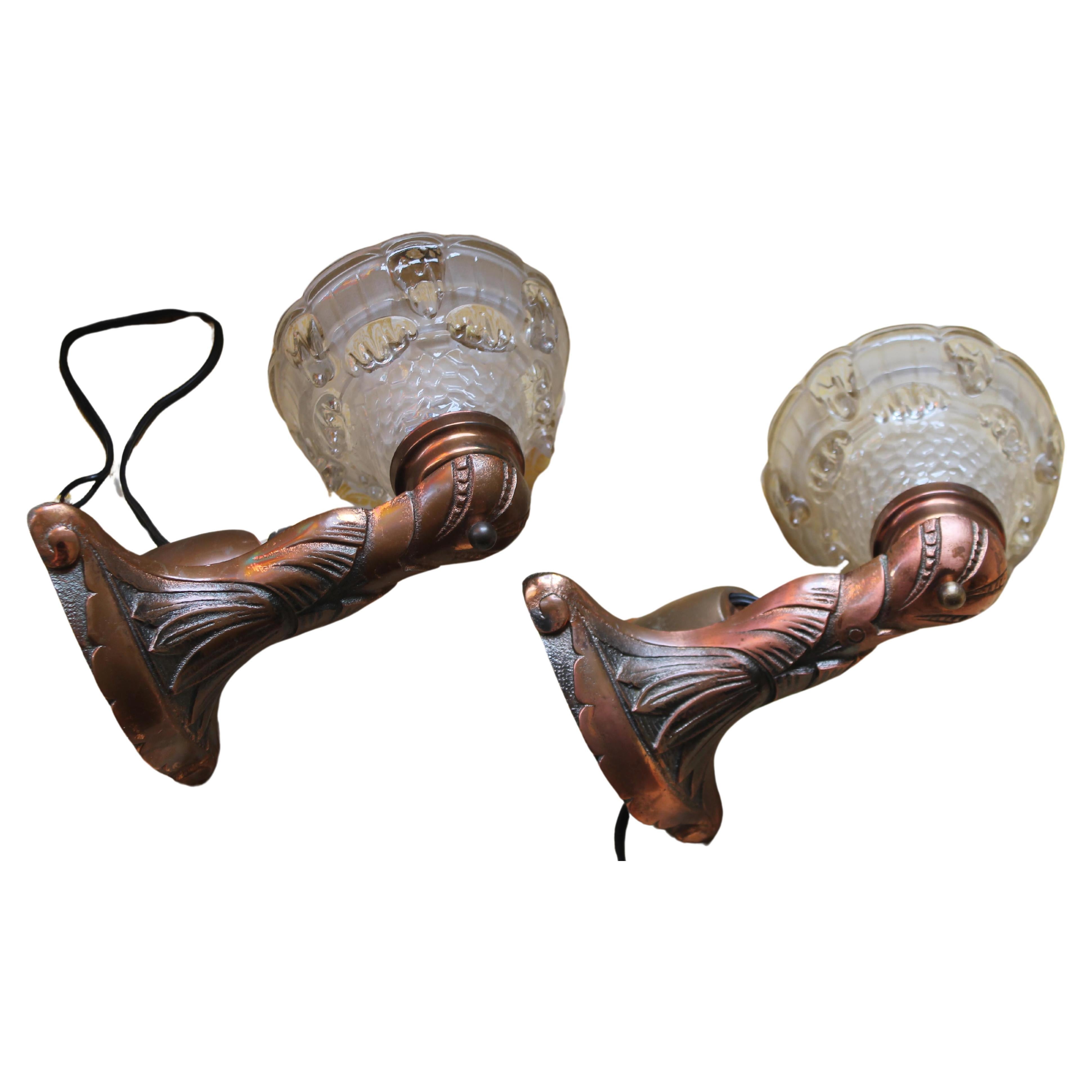 Pair 1920s French Art Deco Copper w/ Frosted Glacier Glass Shades attrib Petitot For Sale