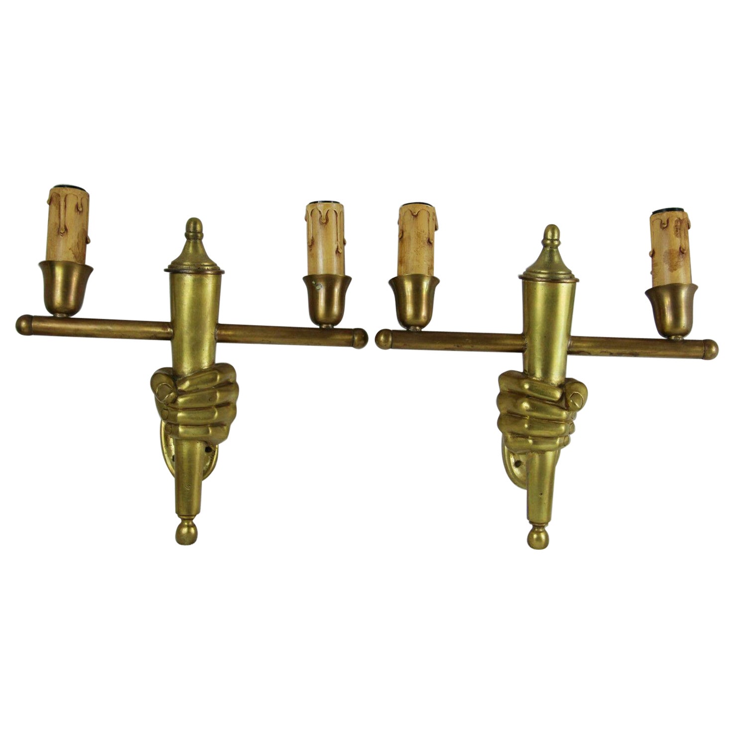 Pair 1920s French Art Deco Gilt Bronze "Fists or Hands" Holding Double Lights
