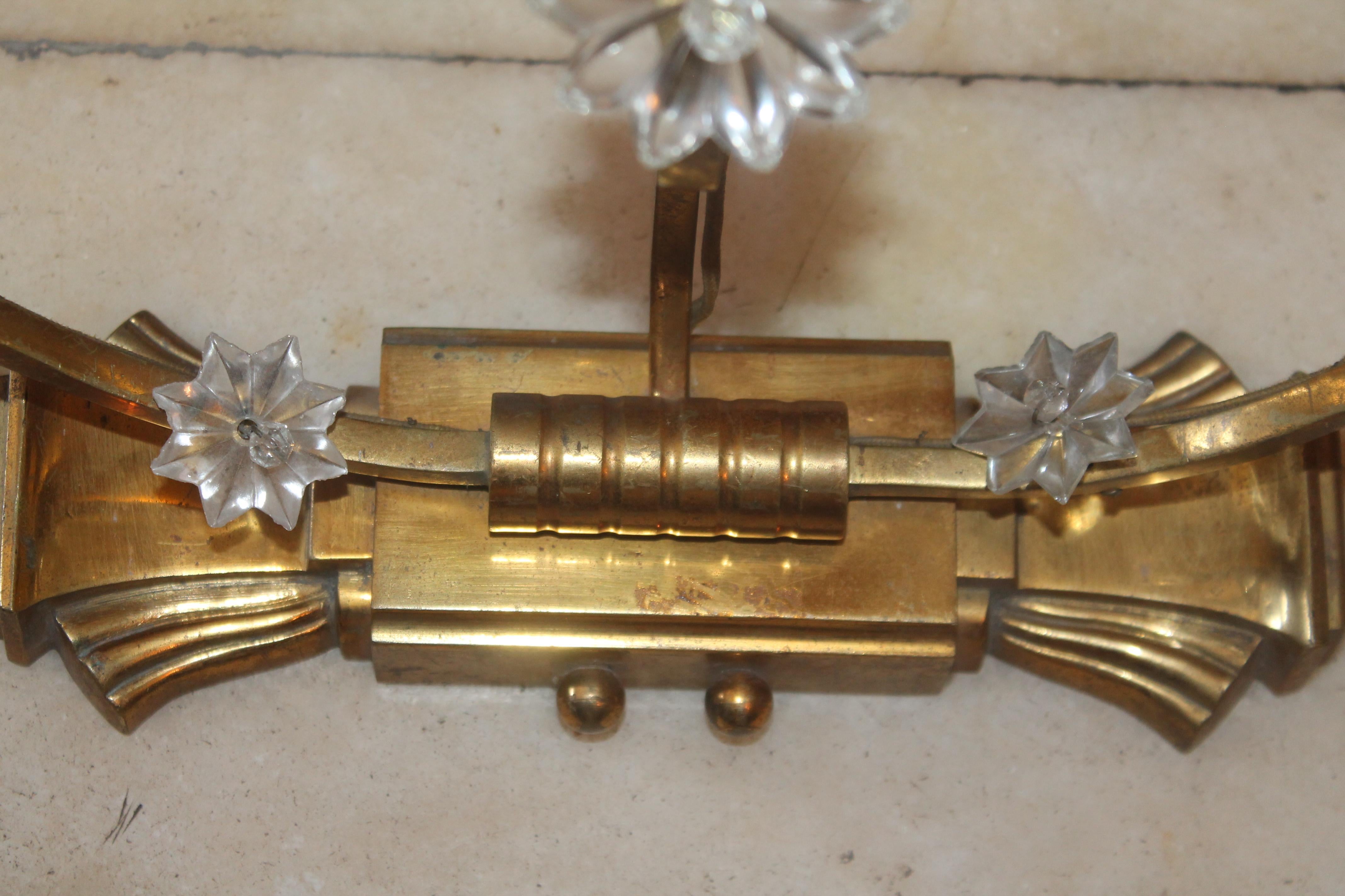 Pair 1920s French Art Deco Paqueboat Heavy Gilt Bronze Wall Sconces att J. Leleu In Good Condition For Sale In Opa Locka, FL