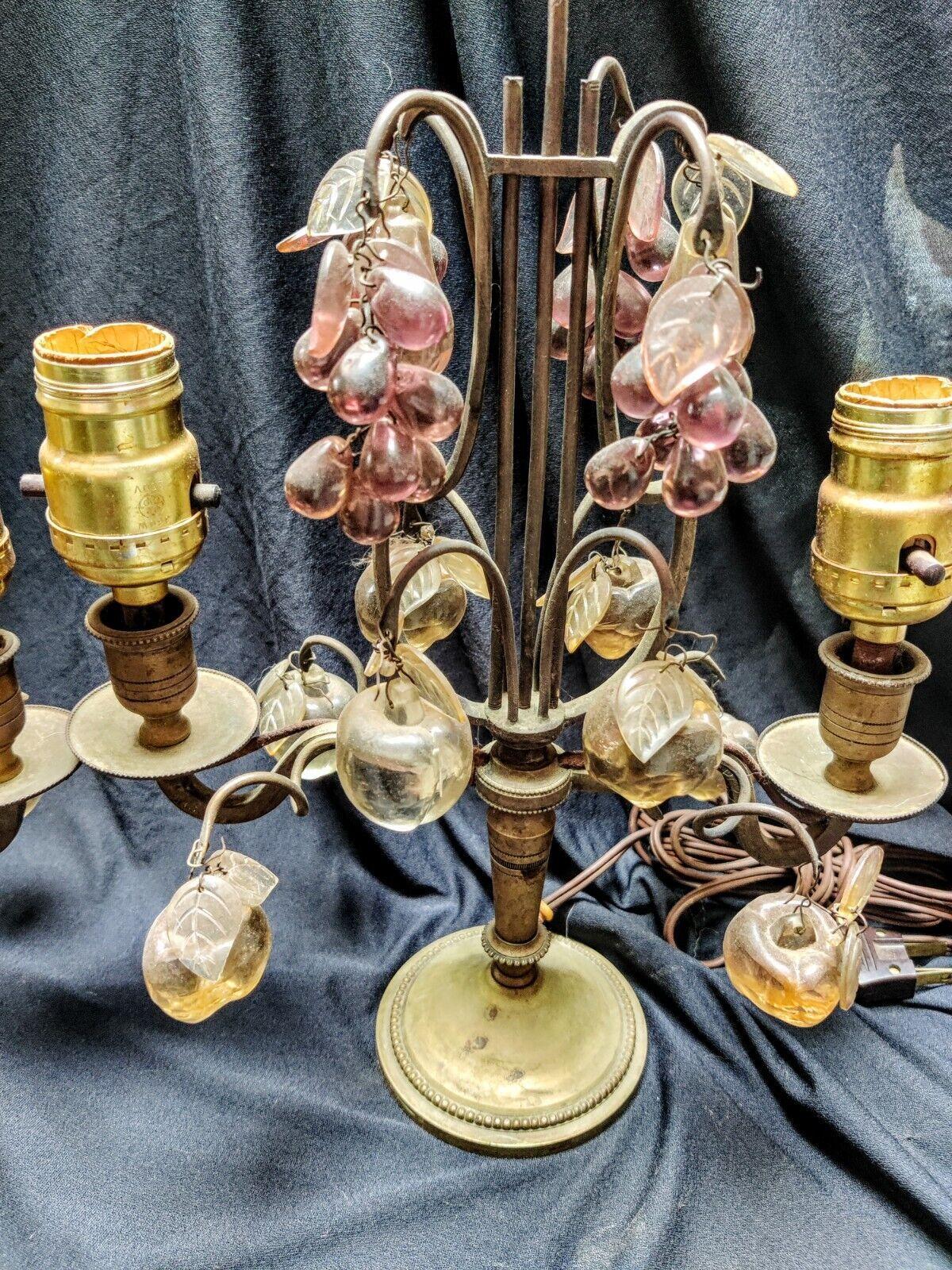 Pair Antique 1920's French Napoleon III style Bronze with Crystal Fruit Table Lamps/ Girandoles. These lamps have been electrified and we will send lam shades to the buyer.
