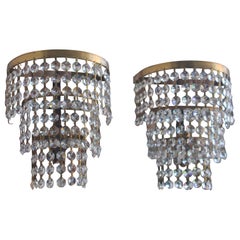 Pair 1920's French Regency Gold Bronze 3 Tiered Strass Crystal Waterfall Sconces