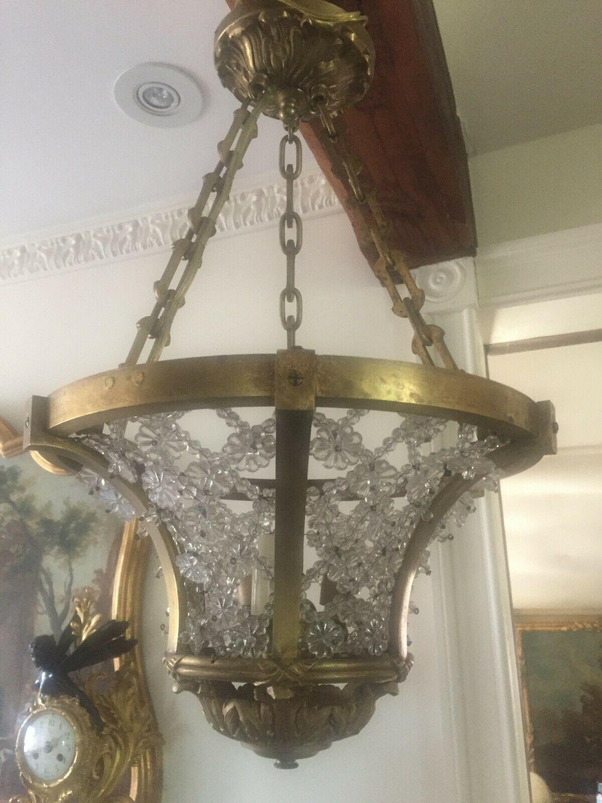 PAIR 1920s French Regency style Gilt Bronze Crystal Beaded Lantern Attrib Bagues For Sale 5