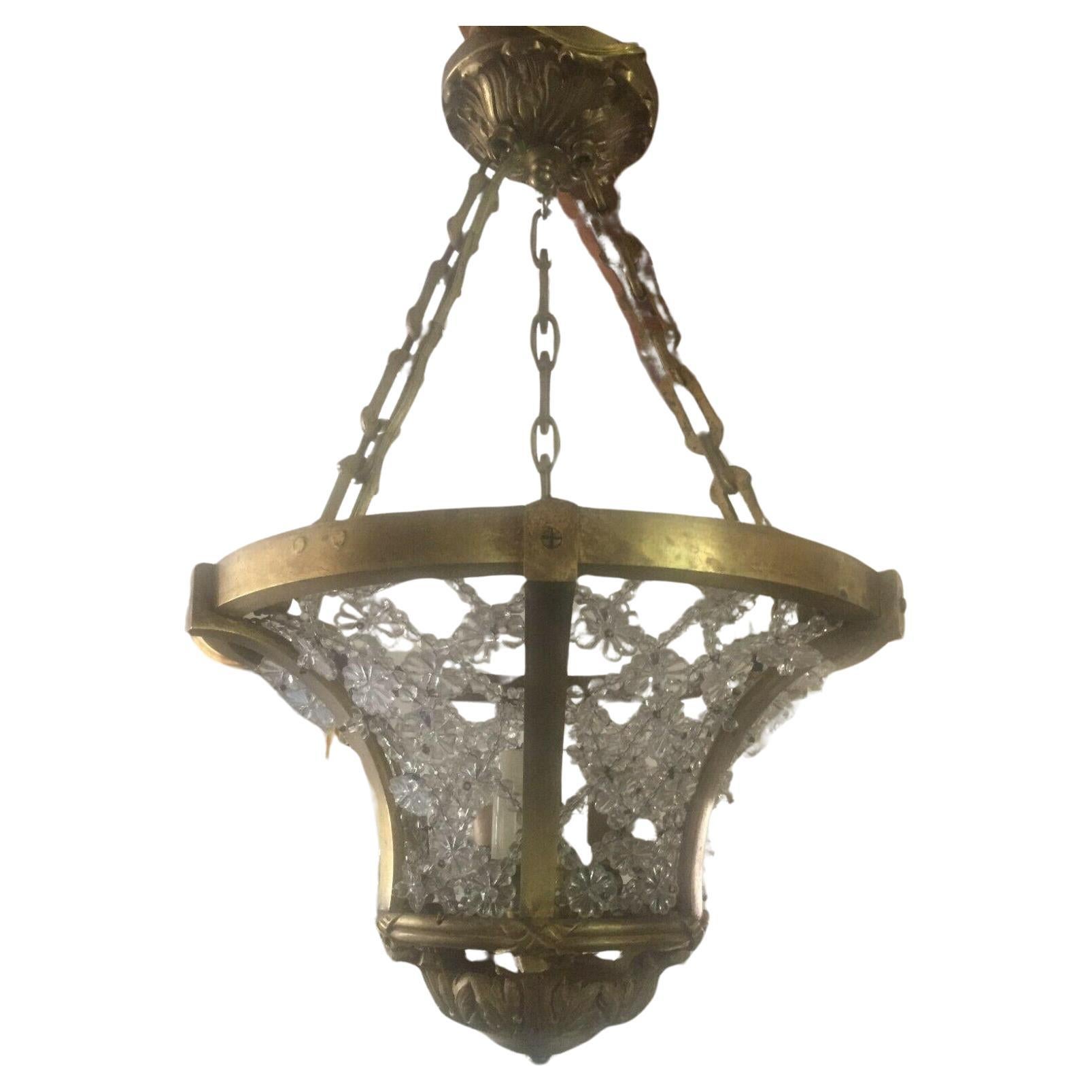 PAIR 1920s French Regency style Gilt Bronze Crystal Beaded Lantern Attrib Bagues For Sale