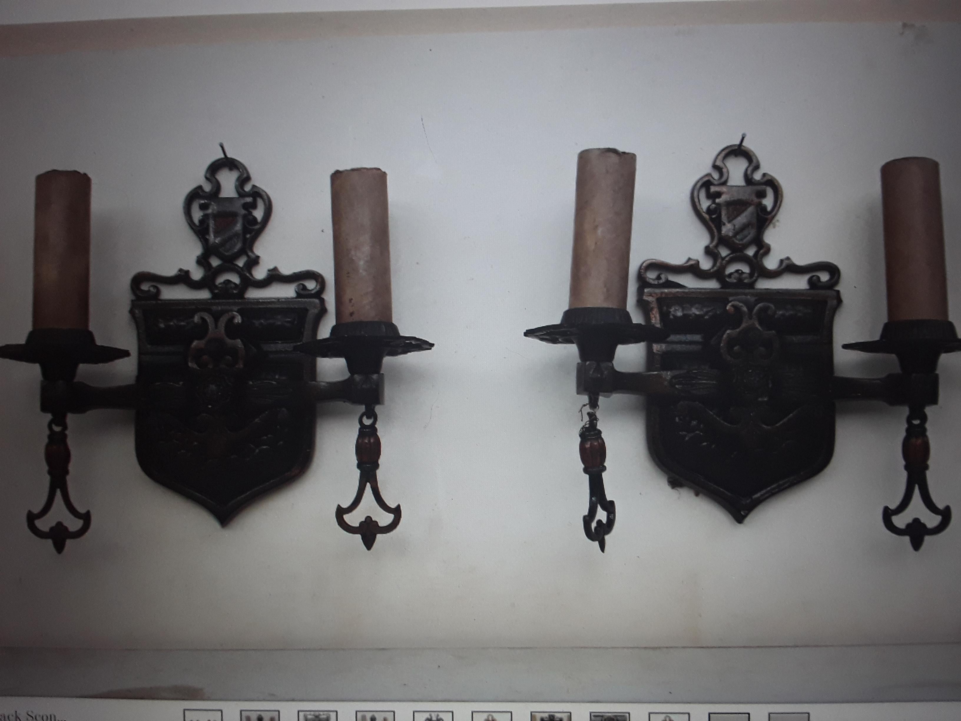 Pair 1920's French Renaissance Revival Shield Back Wall Sconces  In Good Condition For Sale In Opa Locka, FL