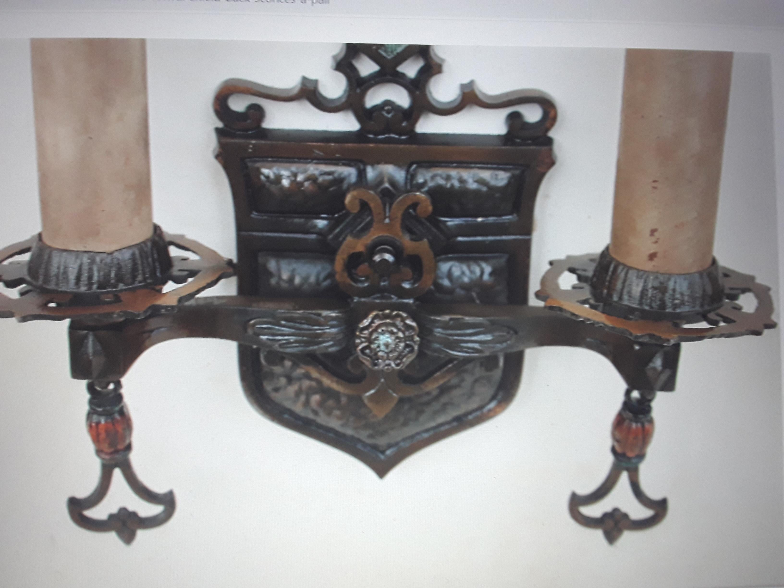Pair 1920's French Renaissance Revival Shield Back Wall Sconces  For Sale 1
