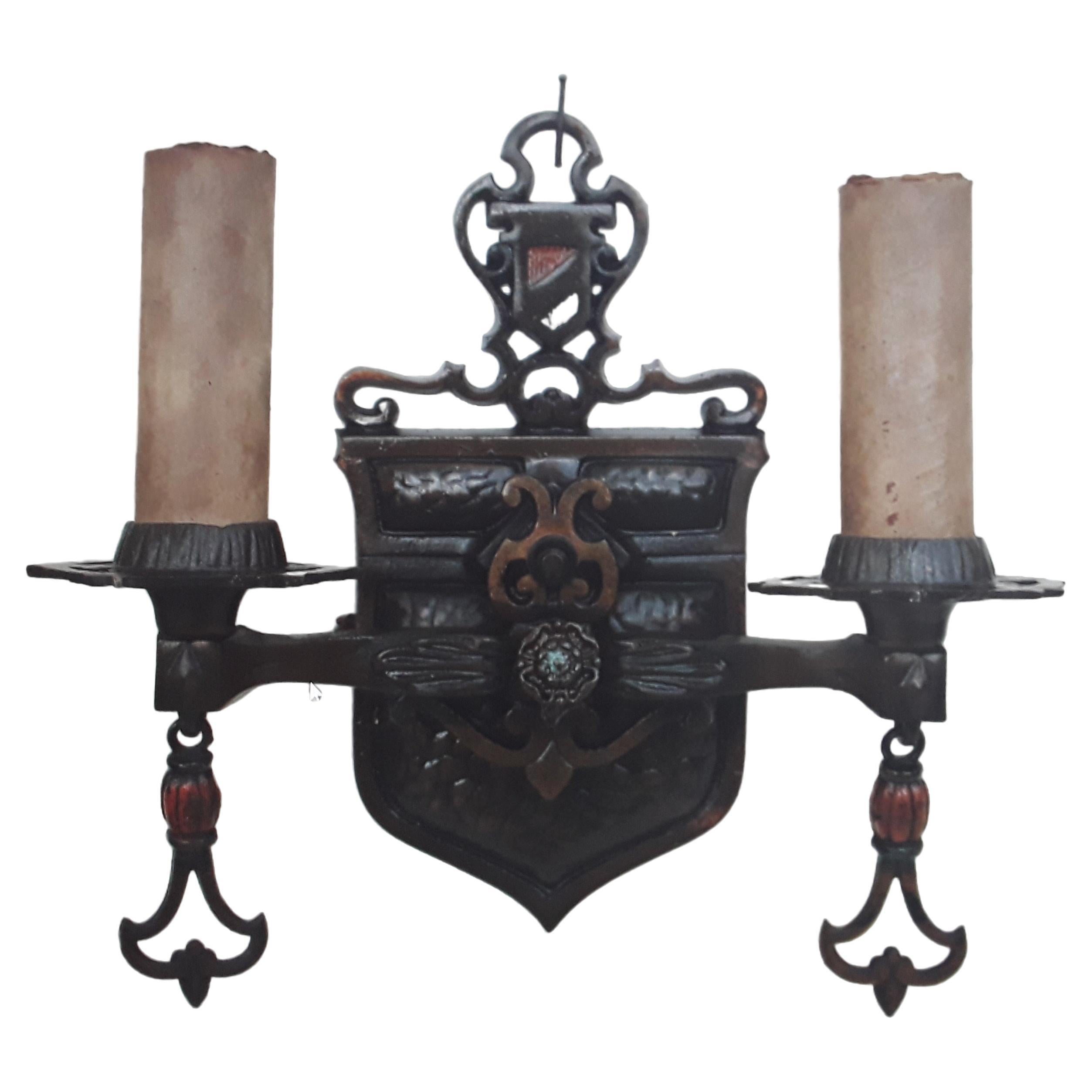 Pair 1920's French Renaissance Revival Shield Back Wall Sconces  For Sale