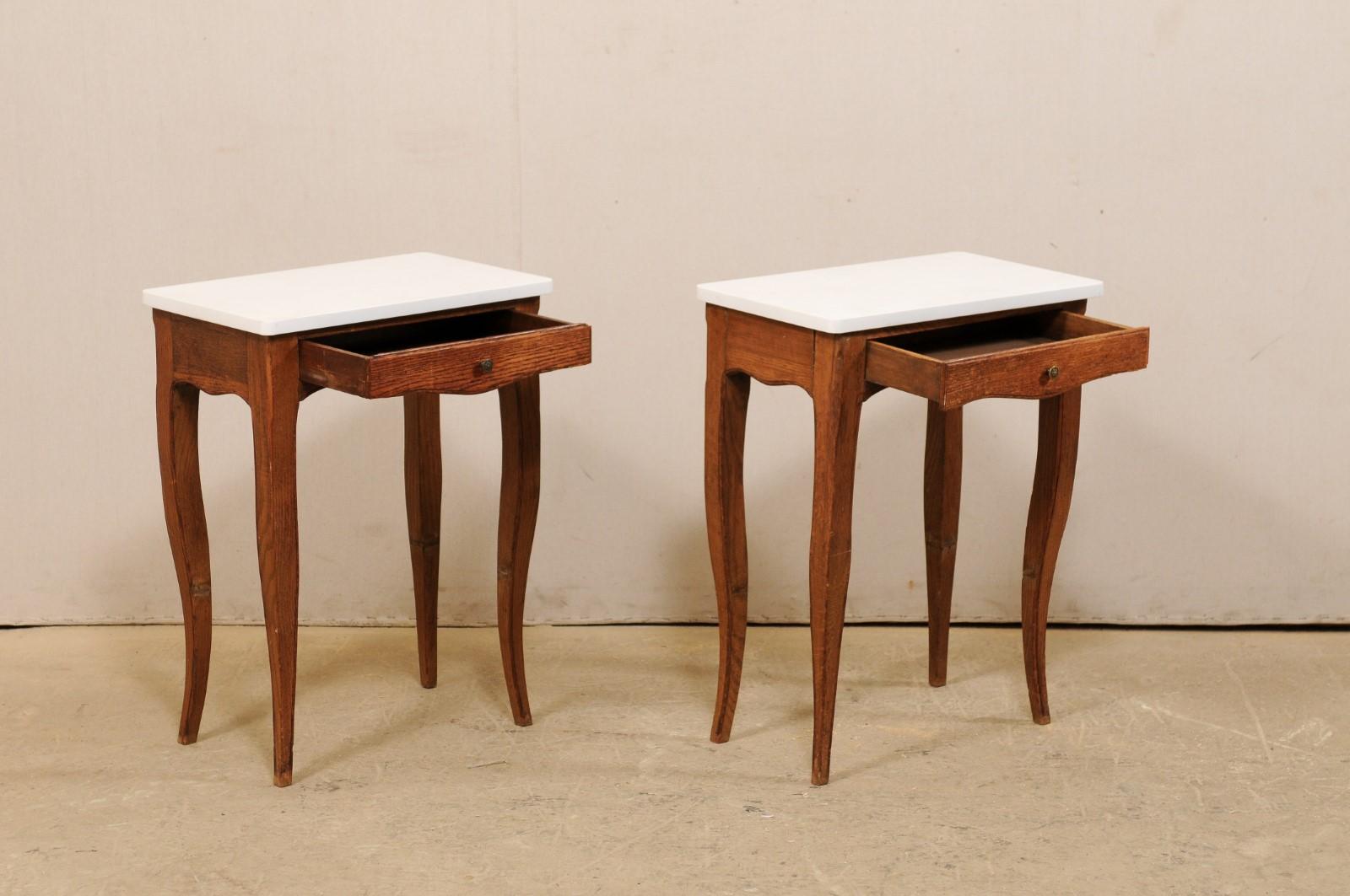 Stone Pair of 1920s French Single-Drawer Side Tables with New White Quartz Tops For Sale
