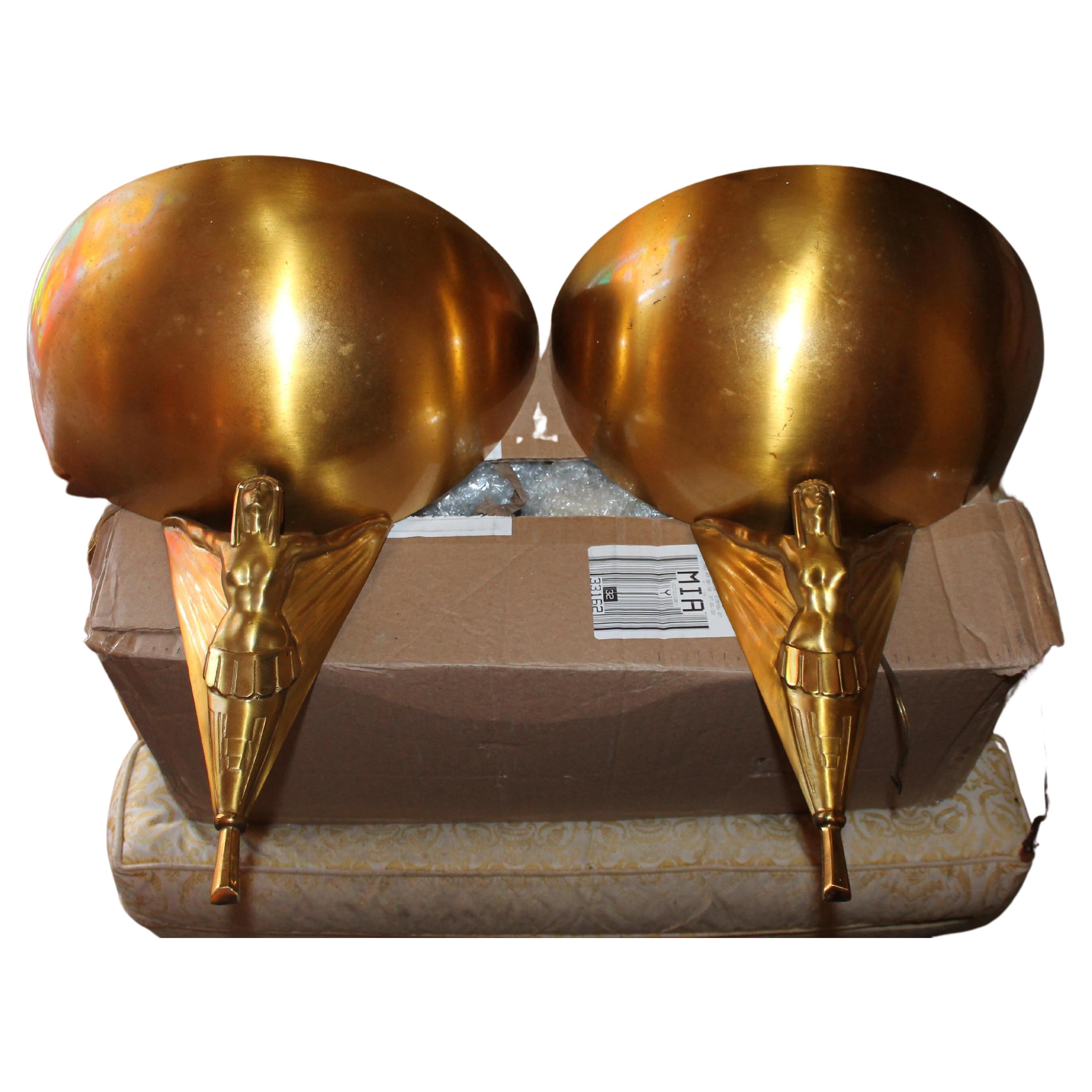Pair 1920's French  "Art Deco Goddess" Gilt Bronze Wall Sconces XL For Sale