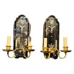 Appliques Caldwell en bronze et miroir gravé, verre cobalt, 1920