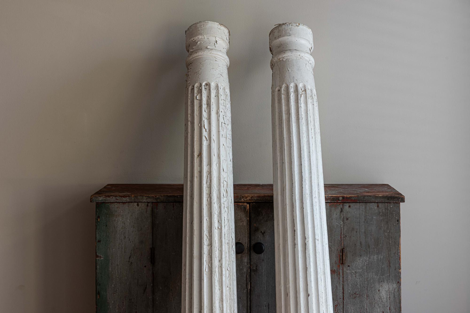 Canadian Pair 1920’s Painted Fluted Pine Pillars For Sale