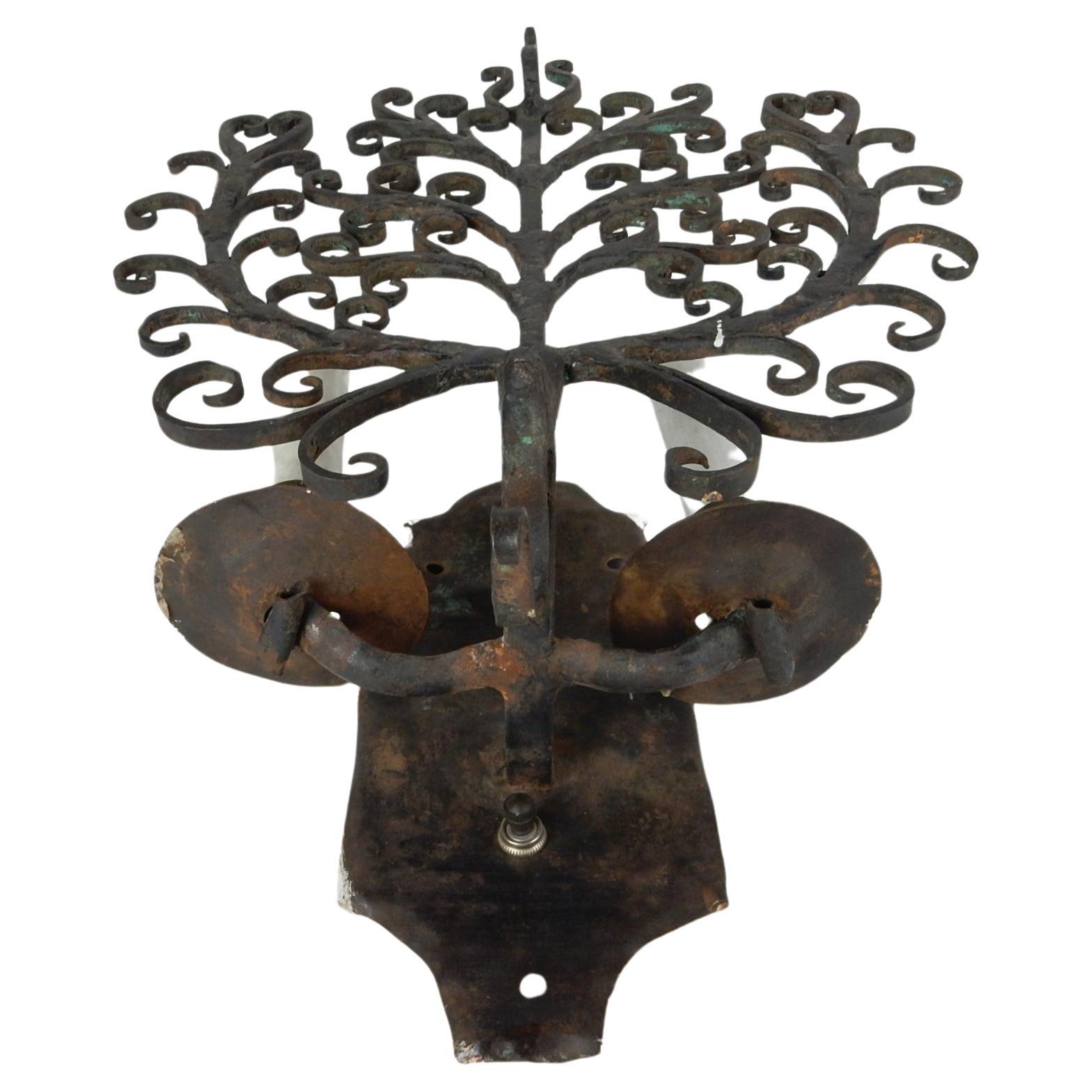 Gothic Pair 1920's Sculpted Wrought Iron Wall Sconces