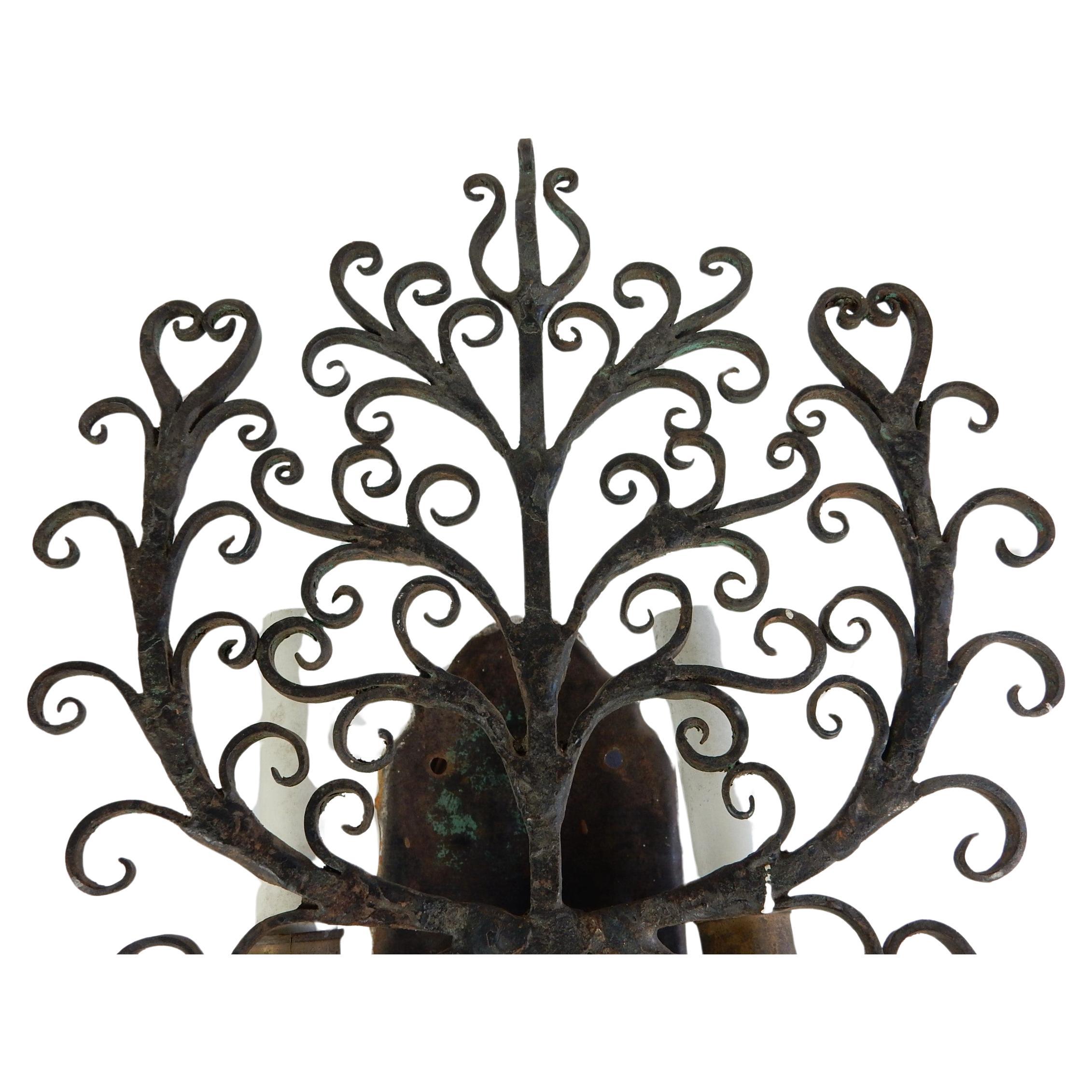 French Pair 1920's Sculpted Wrought Iron Wall Sconces