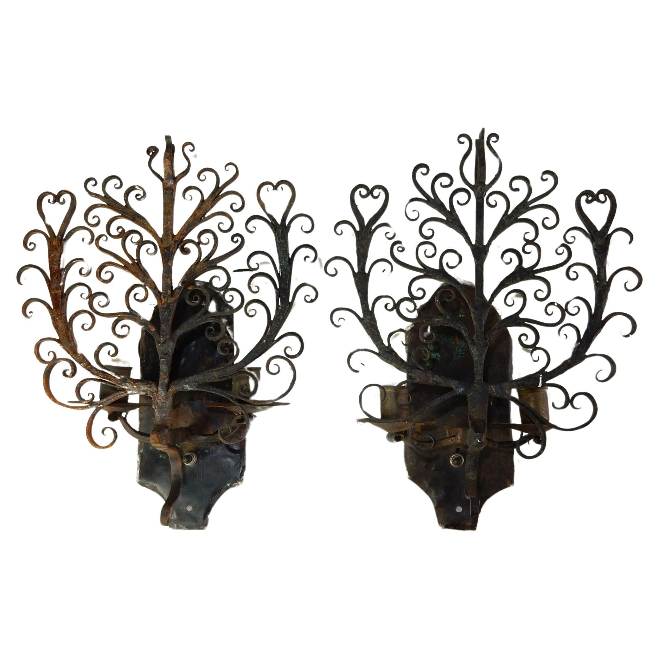 Pair 1920's Sculpted Wrought Iron Wall Sconces