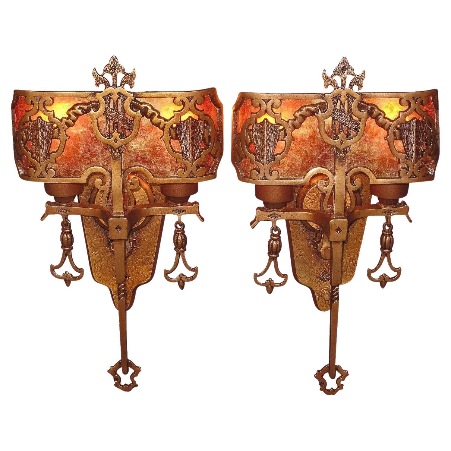 Pair 1920s Tudor Gothic Sconces with New Mica Shade ADA