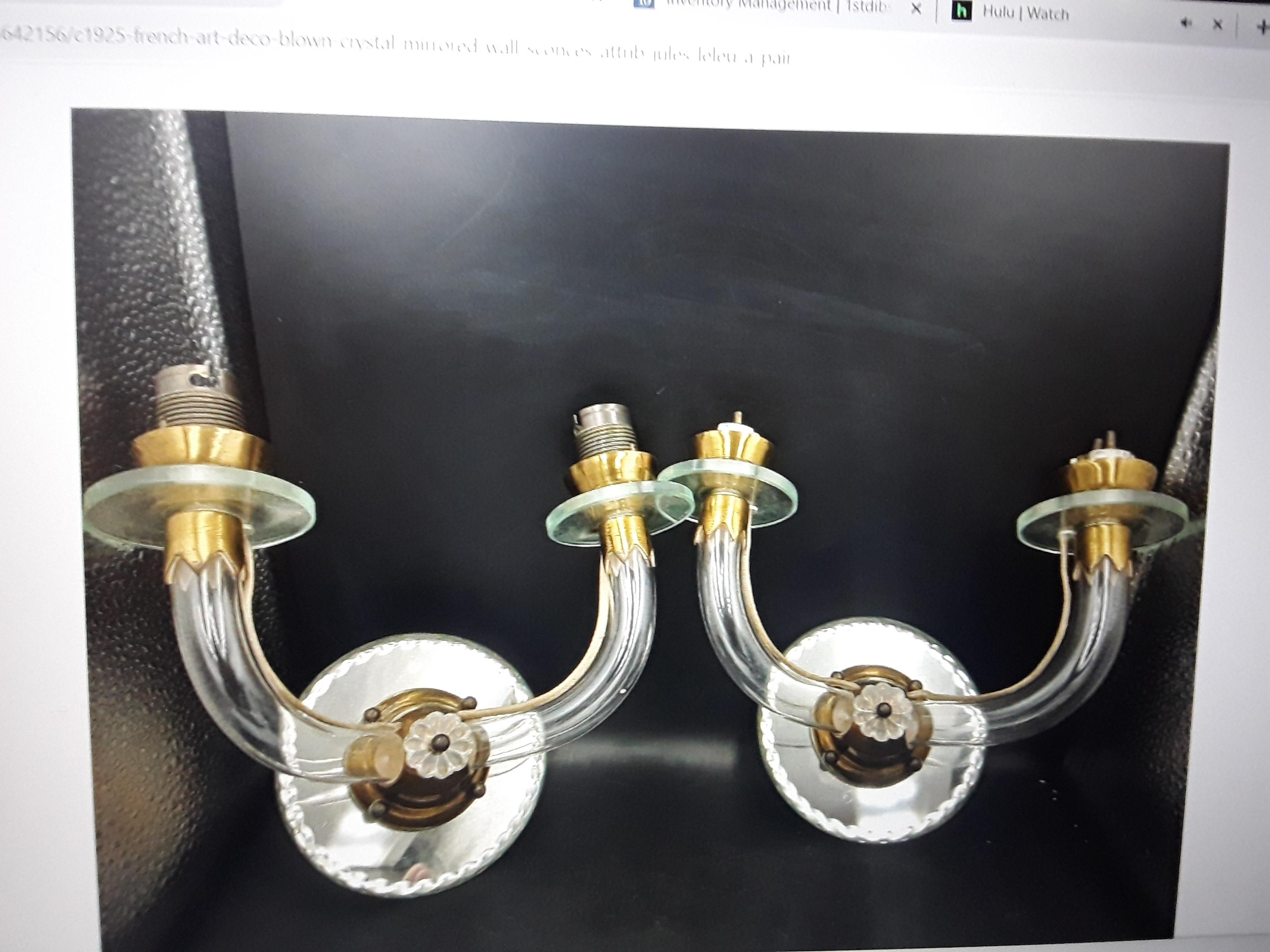 Pair 1925 French Art Deco Blown Crystal Mirror Back Wall Sconces att Jules Leleu For Sale 5
