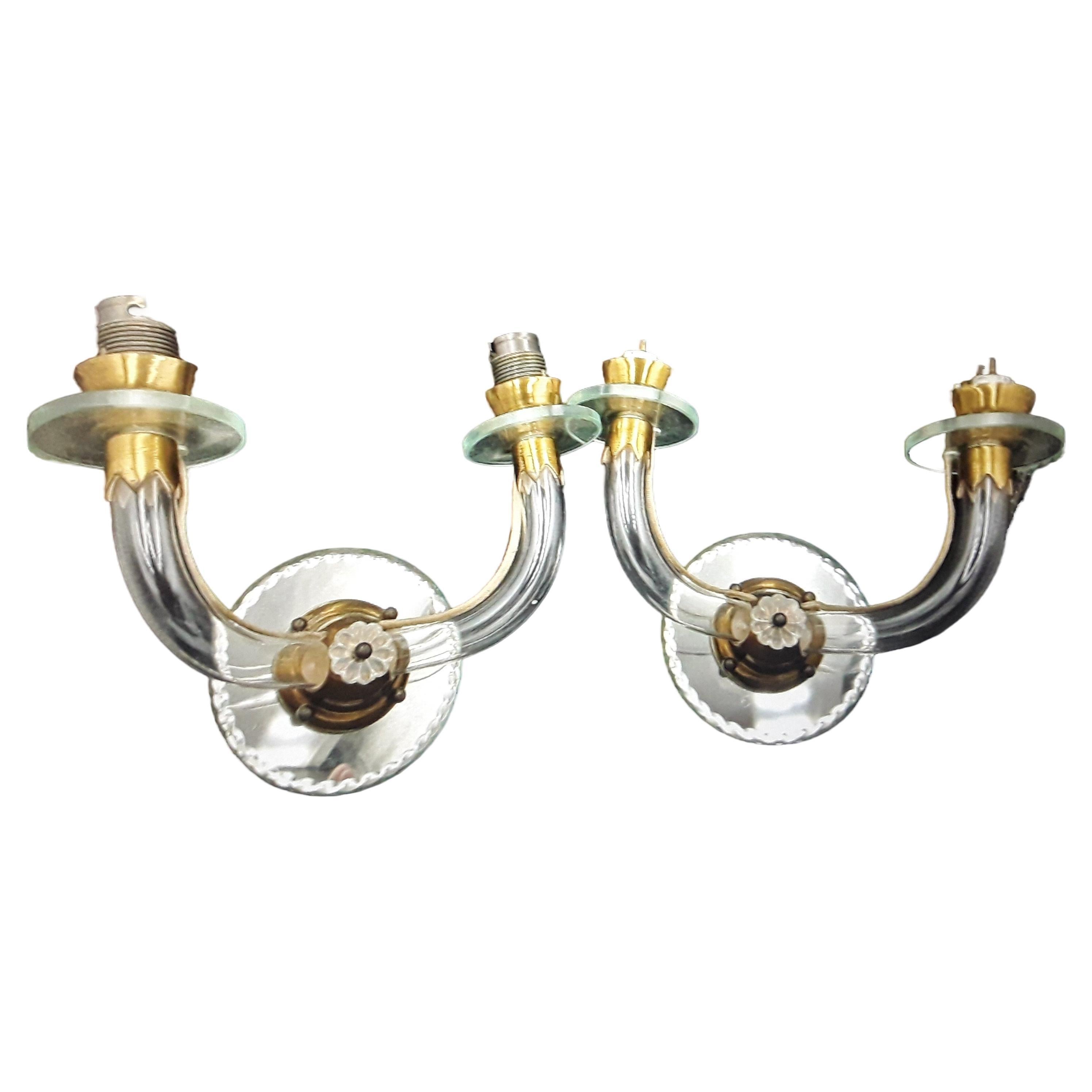 Pair 1925 French Art Deco Blown Crystal Mirror Back Wall Sconces att Jules Leleu For Sale