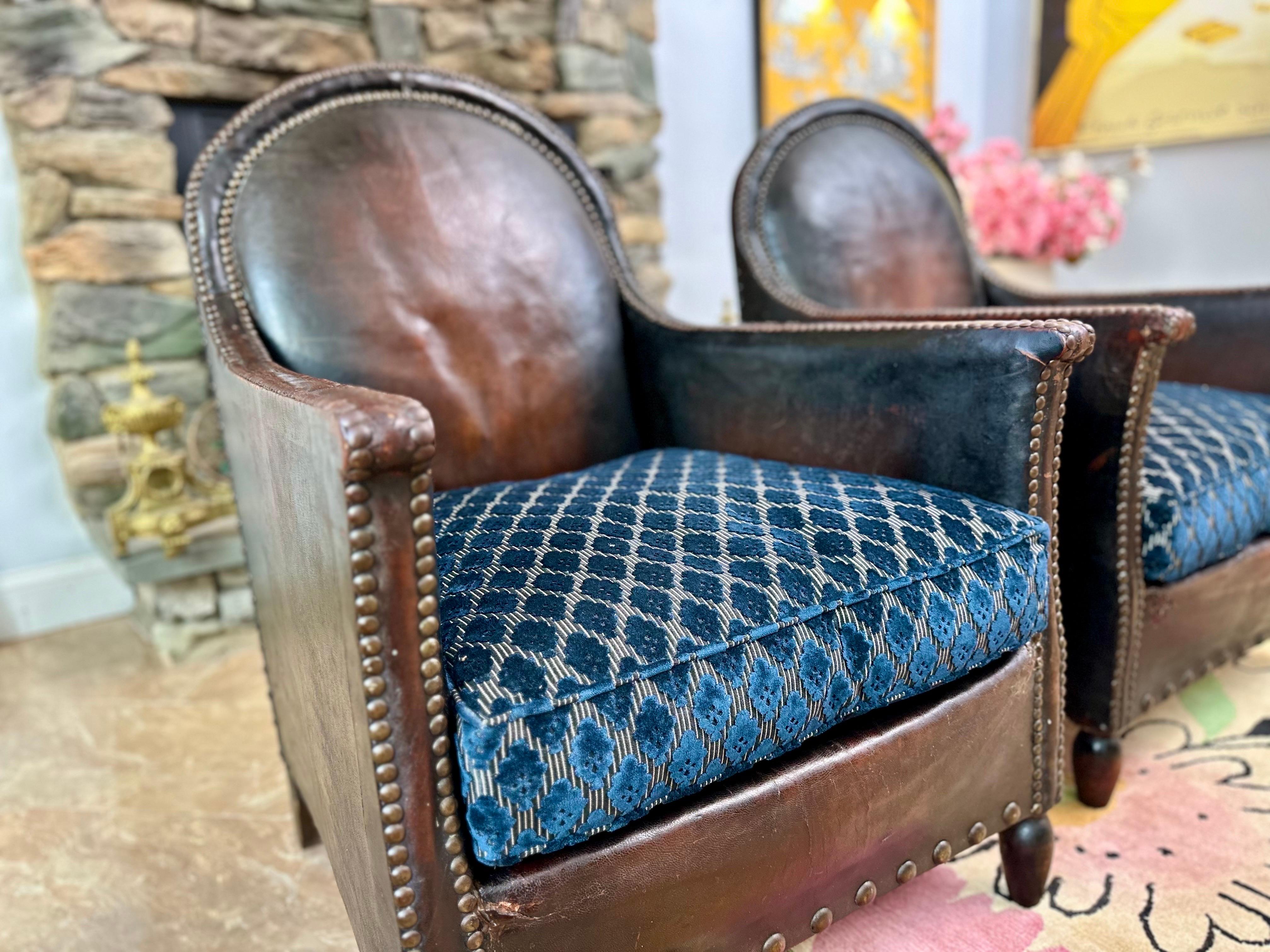 Pair 1930 French Art Deco leather club chairs - blue velvet cushions 6