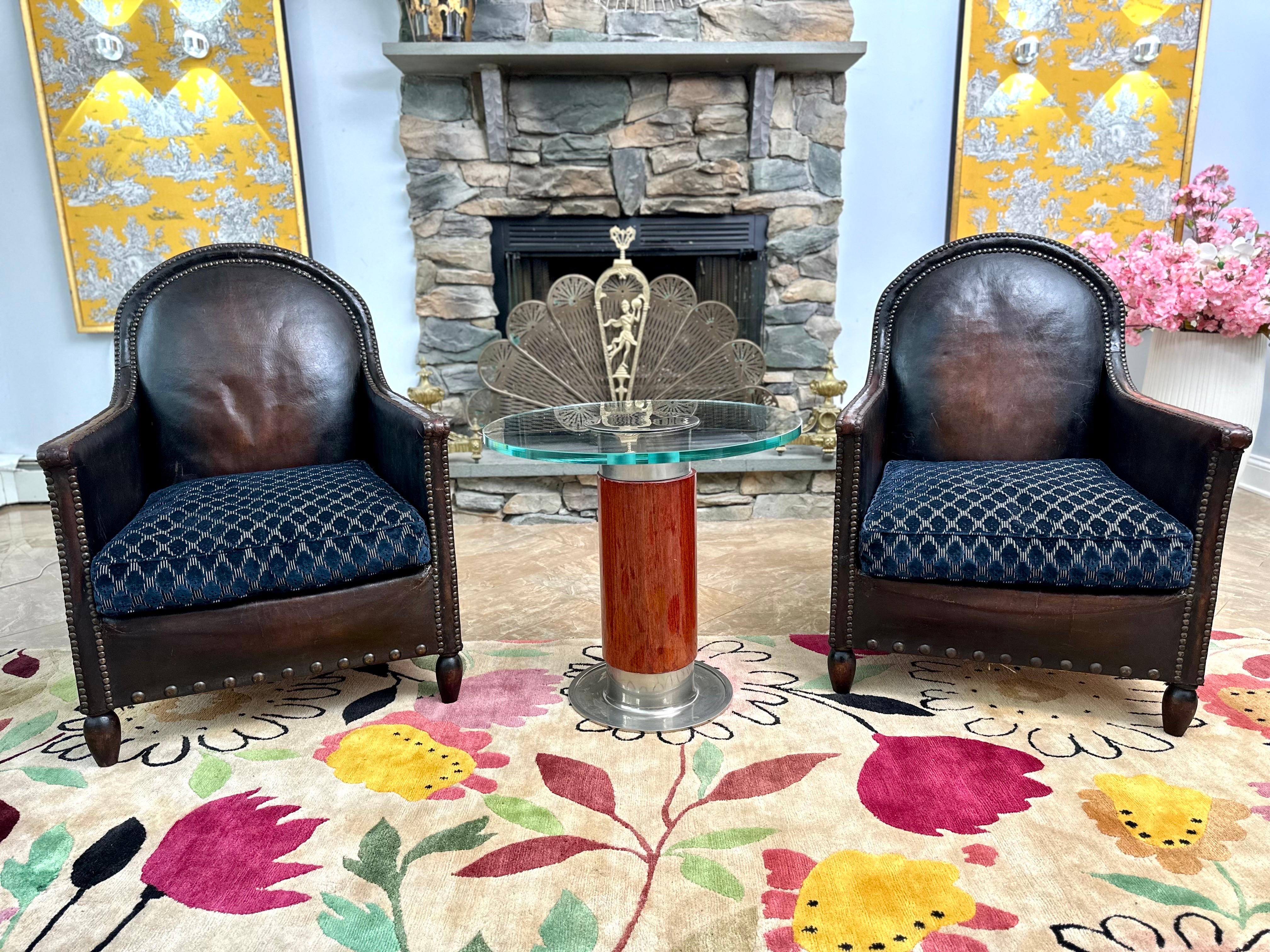 Pair of Art Deco French leather club chairs - circa 1930. This is a rare model with Christian Lacroix blue velvet fabric cushions (new upholstery)