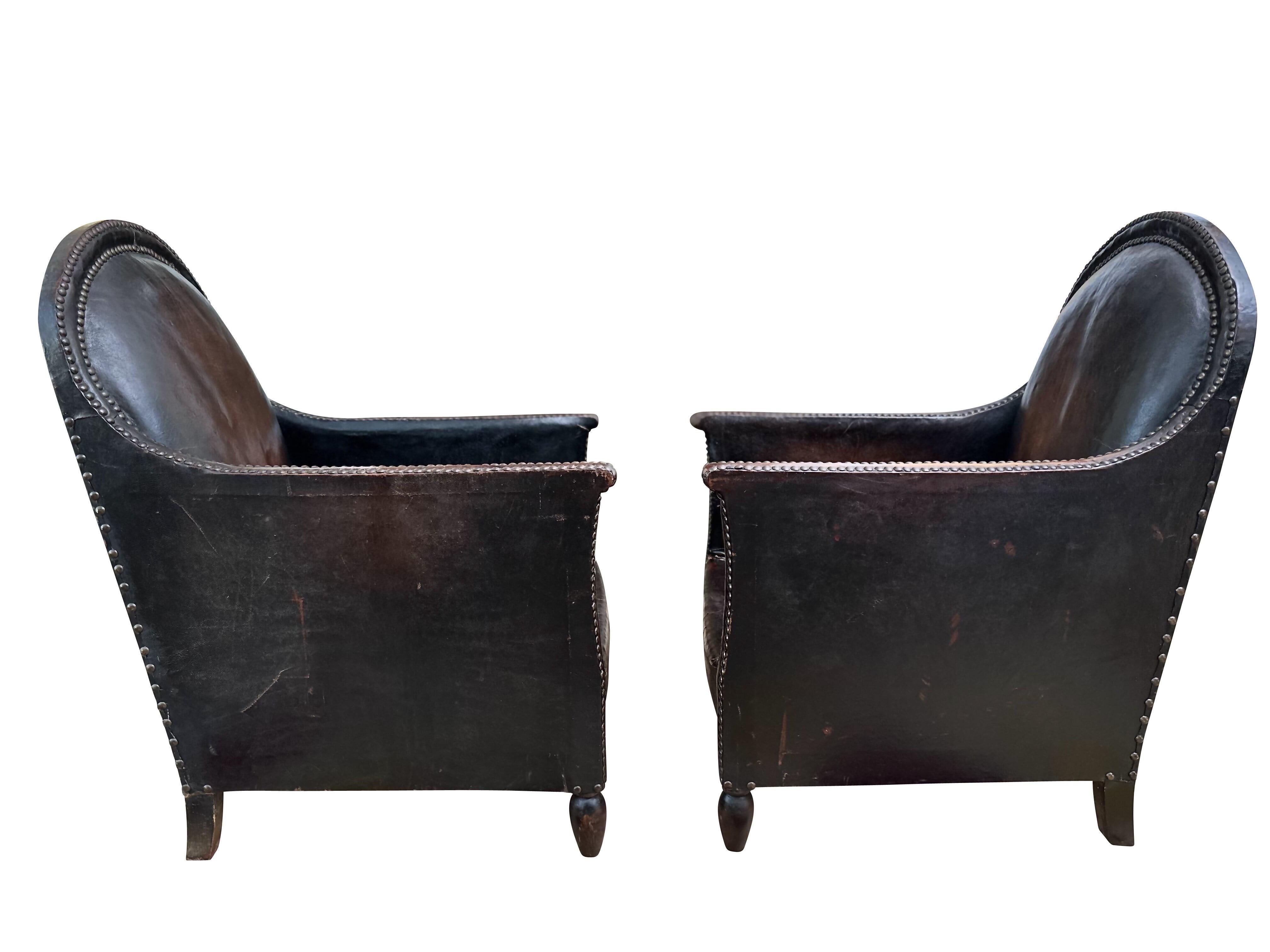 Pair 1930 French Art Deco leather club chairs - blue velvet cushions 1