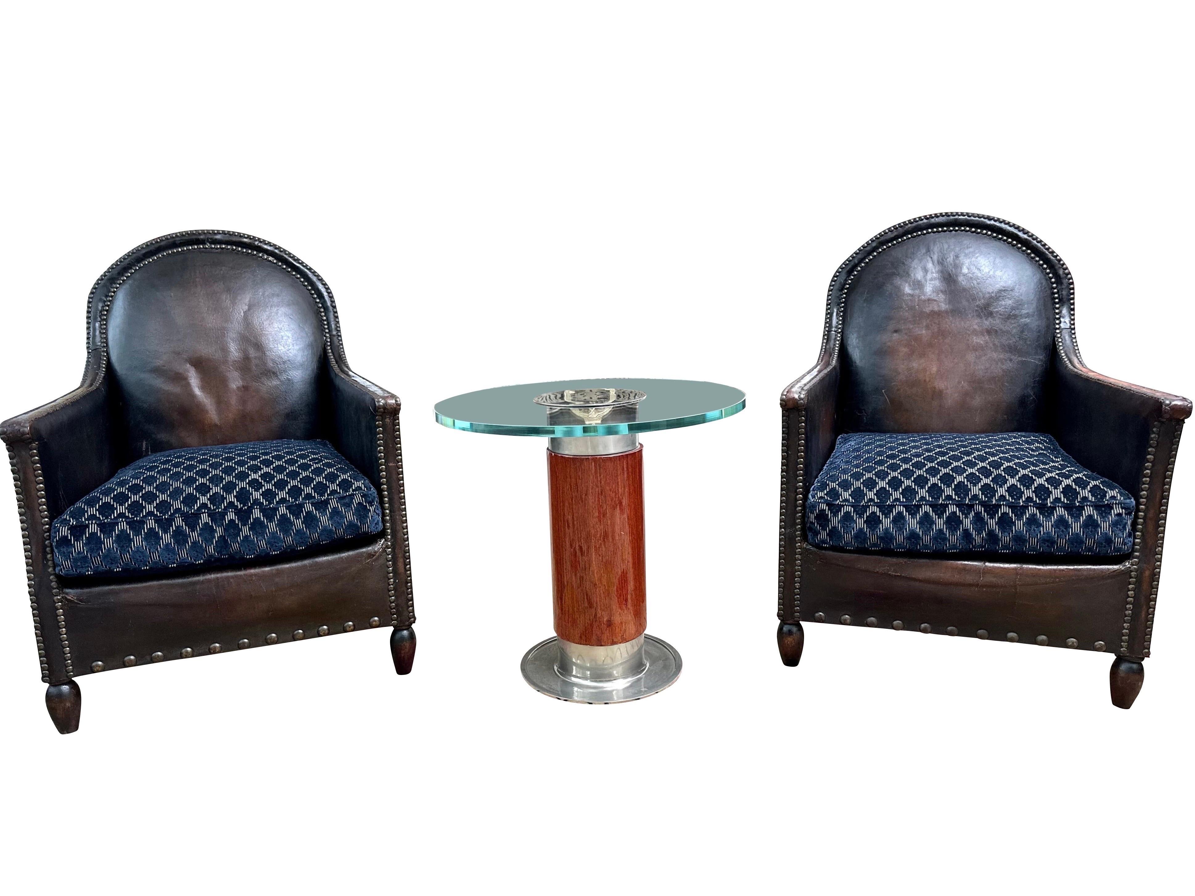 Pair 1930 French Art Deco leather club chairs - blue velvet cushions For Sale 2
