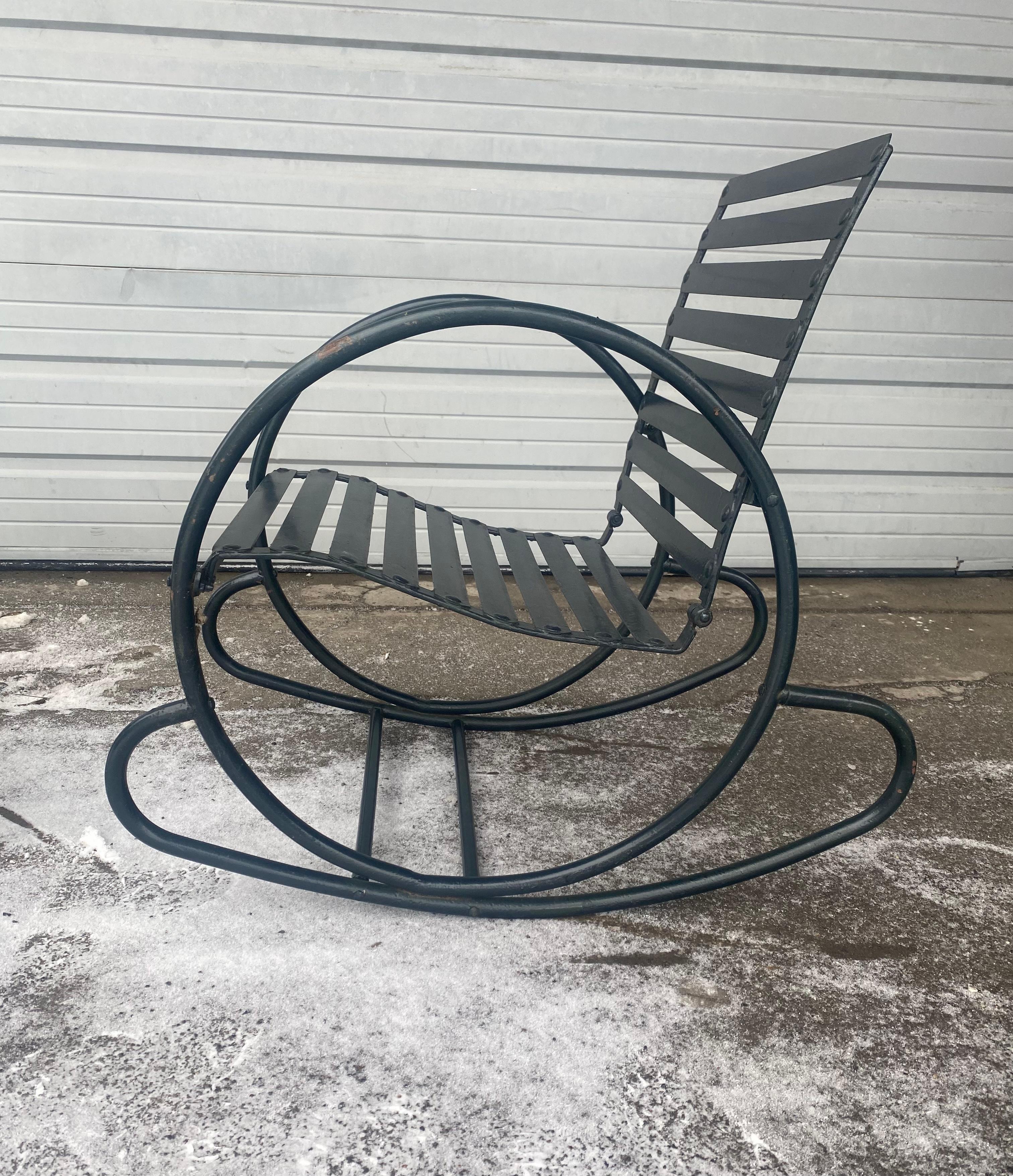 Pair 1930s American Art Deco / Streamline  'hoop' Steel Rocking Chairs,,Superior quality and construction.. Amazing design.. Extremely comfortable, Hand delivery avail to New York City or anywhere en route from Buffalo Ny


