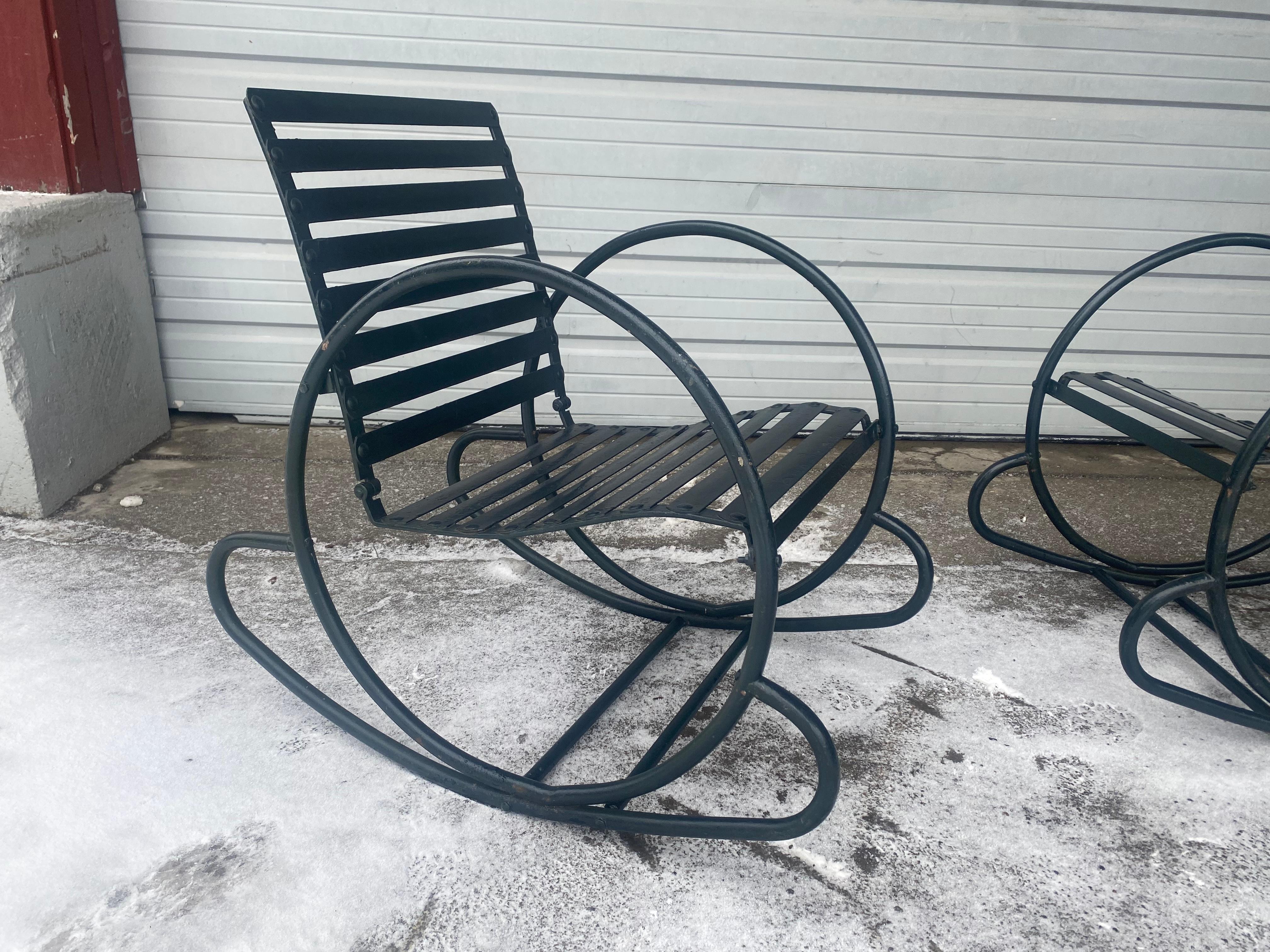 Pair 1930s American Art Deco / Streamline  'hoop' Steel Rocking Chairs  In Good Condition For Sale In Buffalo, NY