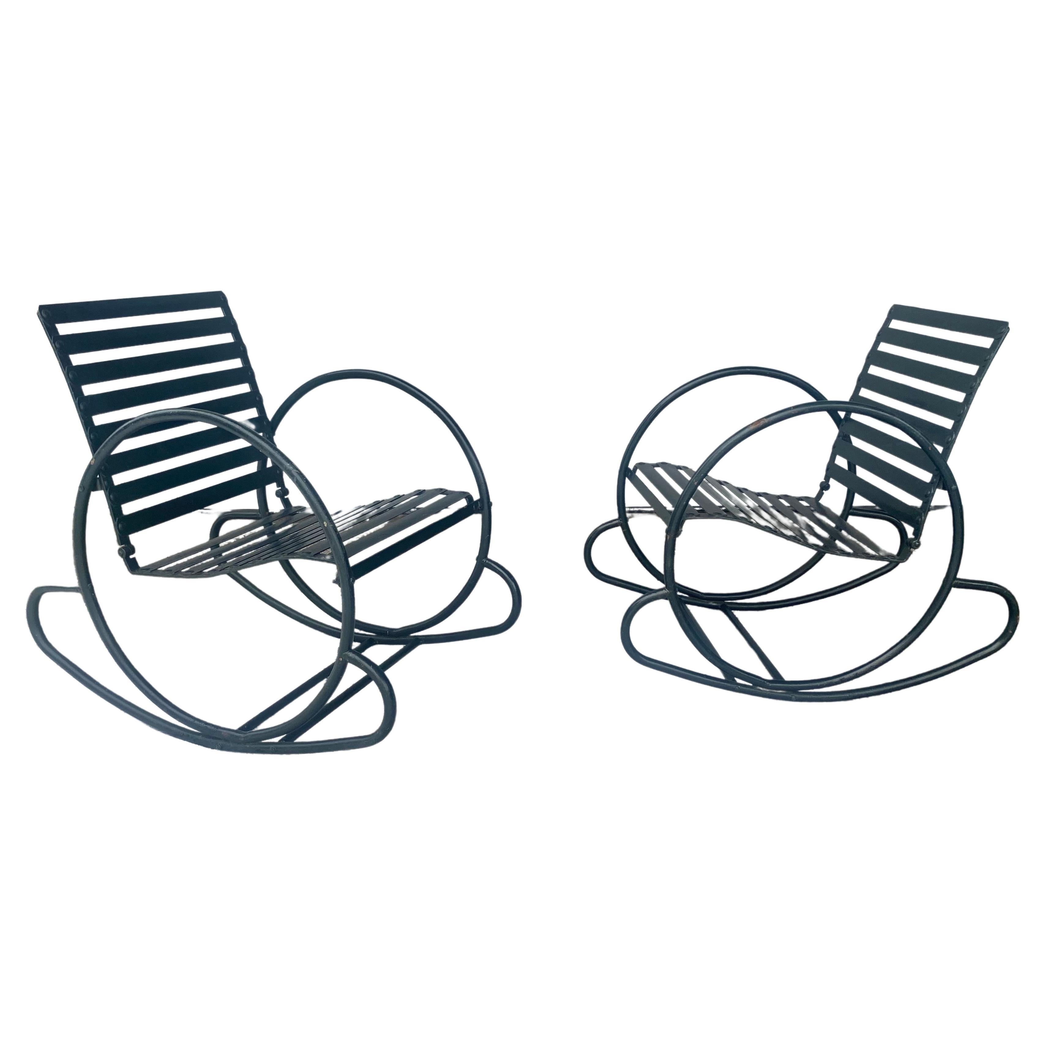 Pair 1930s American Art Deco / Streamline  'hoop' Steel Rocking Chairs  For Sale