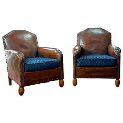 Pair of 1930s Art Deco French Leather Club Chairs