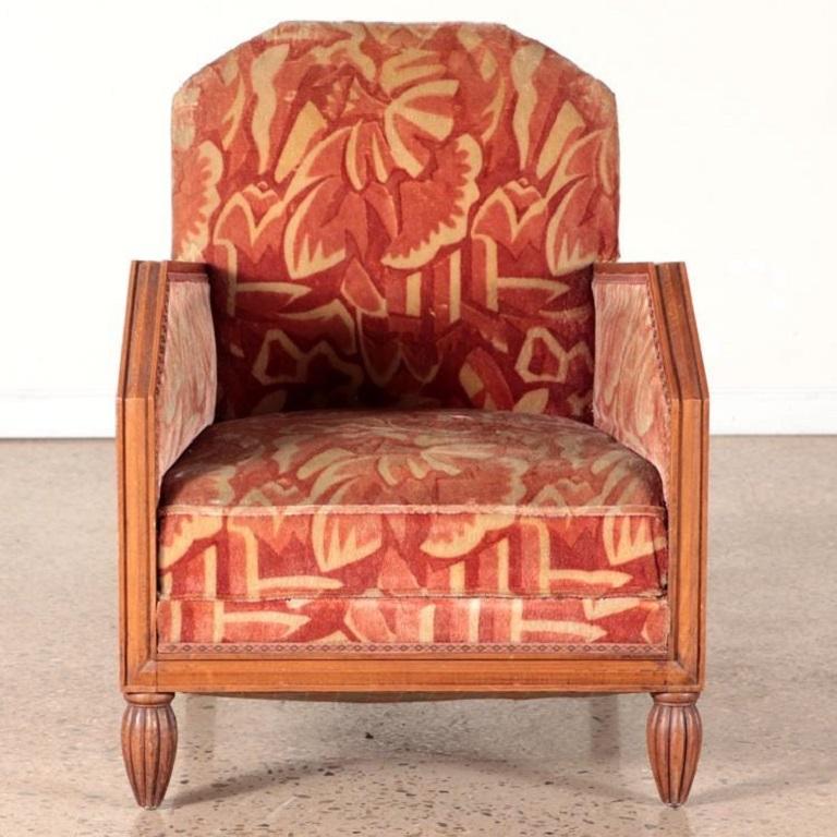 French 1930s Art Deco Lounge Chairs with Matching Ottomans Manner of Paul Follot, Pair