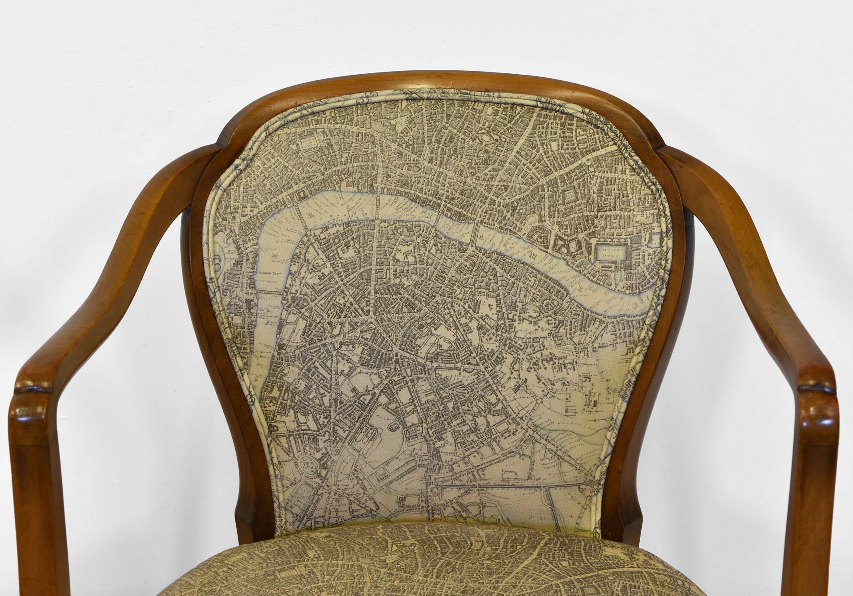 Pair 1930s Art Deco Walnut Open Armchairs London Map Fabric In Good Condition In Norwich, GB