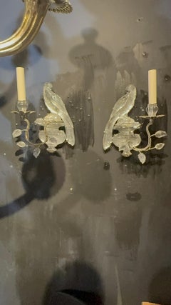 Pair 1930’s Bagues One Light Bird Sconces Silver Leaf