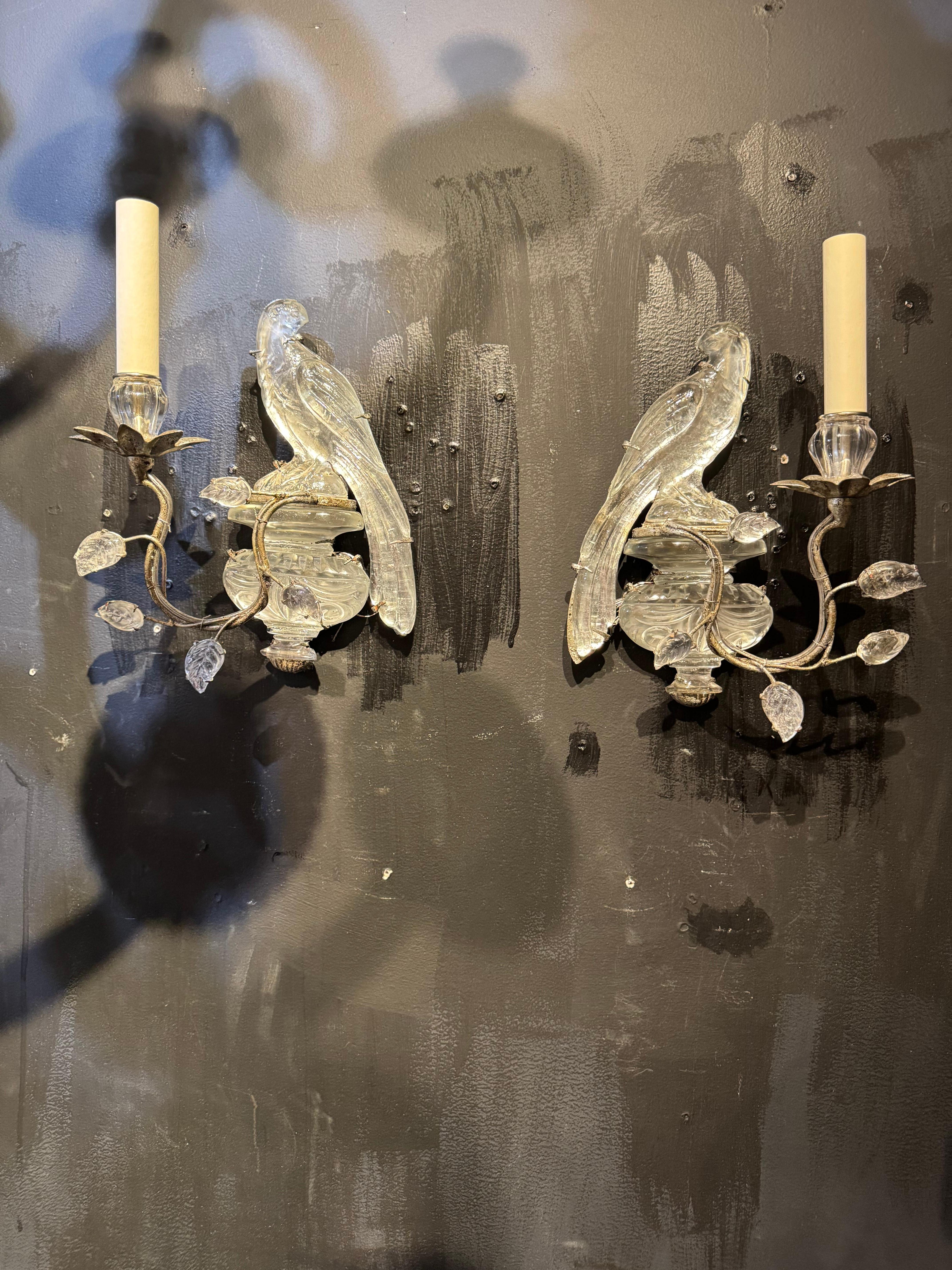 Metà XX secolo Coppia di appliques a una luce Bagues degli anni '30  foglia d'argento in vendita