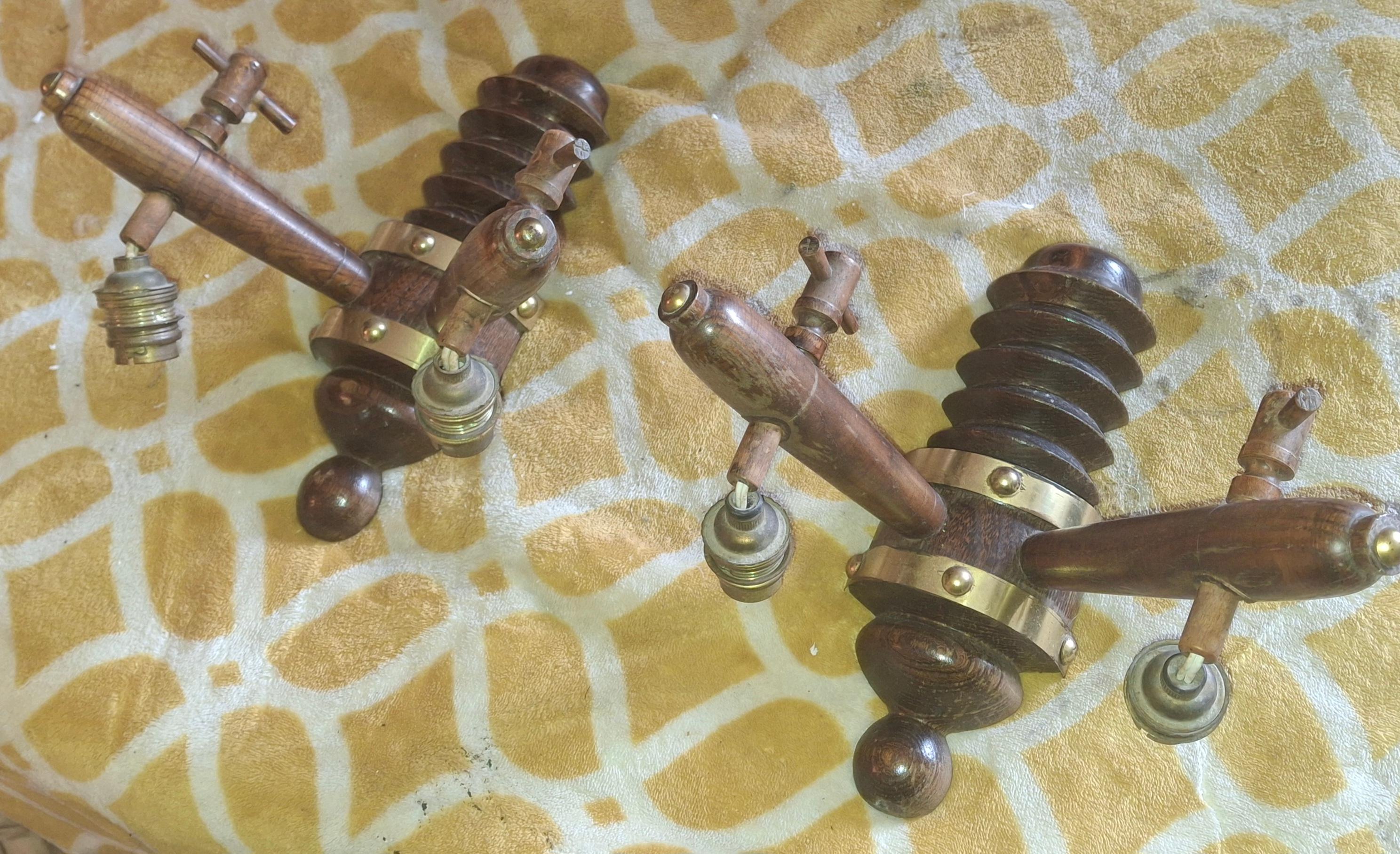 Pair 1930's French Art Deco Carved Wood Designer Wall Sconces by Charles Dudouyt For Sale 11