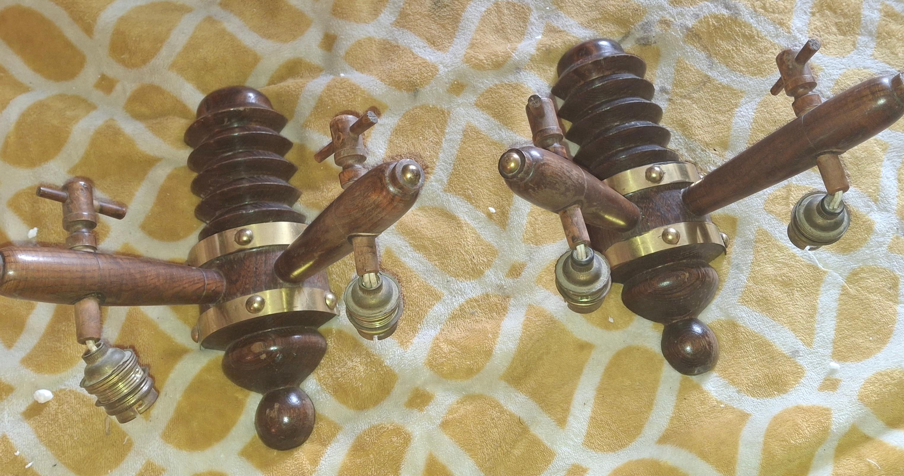 Pair 1930's French Art Deco Carved Wood Designer Wall Sconces by Charles Dudouyt For Sale 13