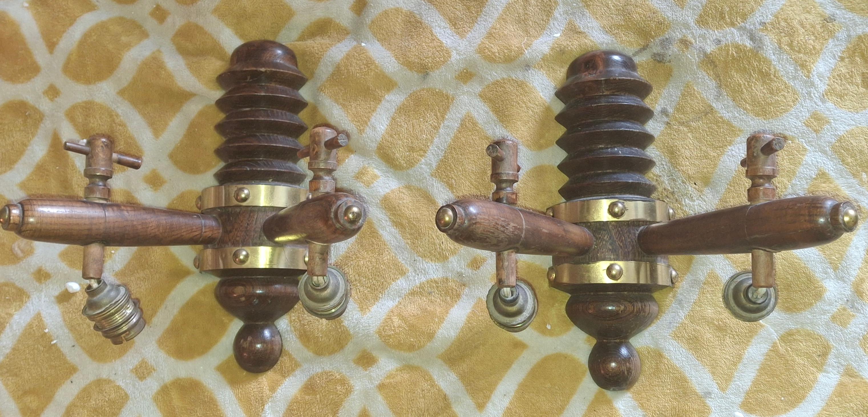 Pair 1930's French Art Deco Carved Wood Designer Wall Sconces by Charles Dudouyt For Sale 14