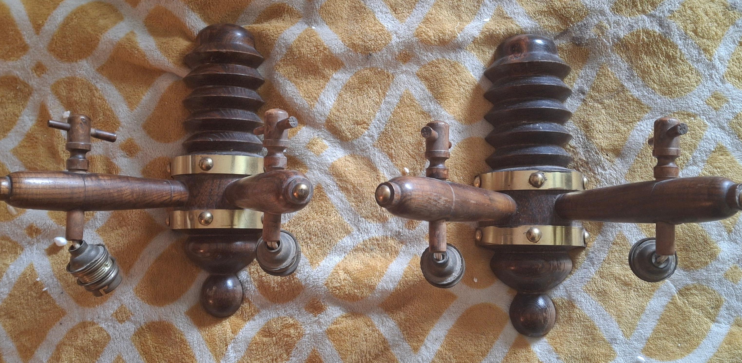 Pair 1930's French Art Deco Carved Wood Designer Wall Sconces by Charles Dudouyt For Sale 15