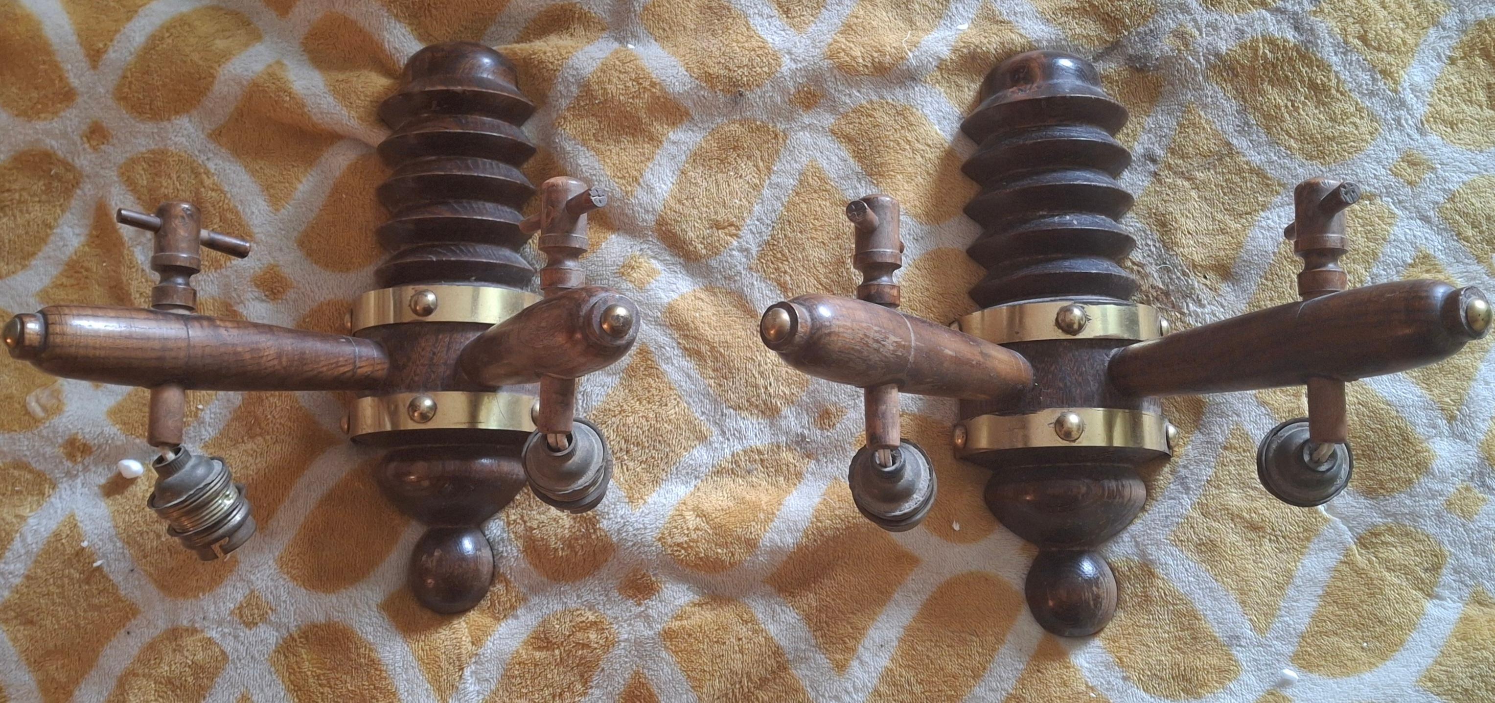 Pair 1930's French Art Deco Carved Wood Designer Wall Sconces by Charles Dudouyt For Sale 16
