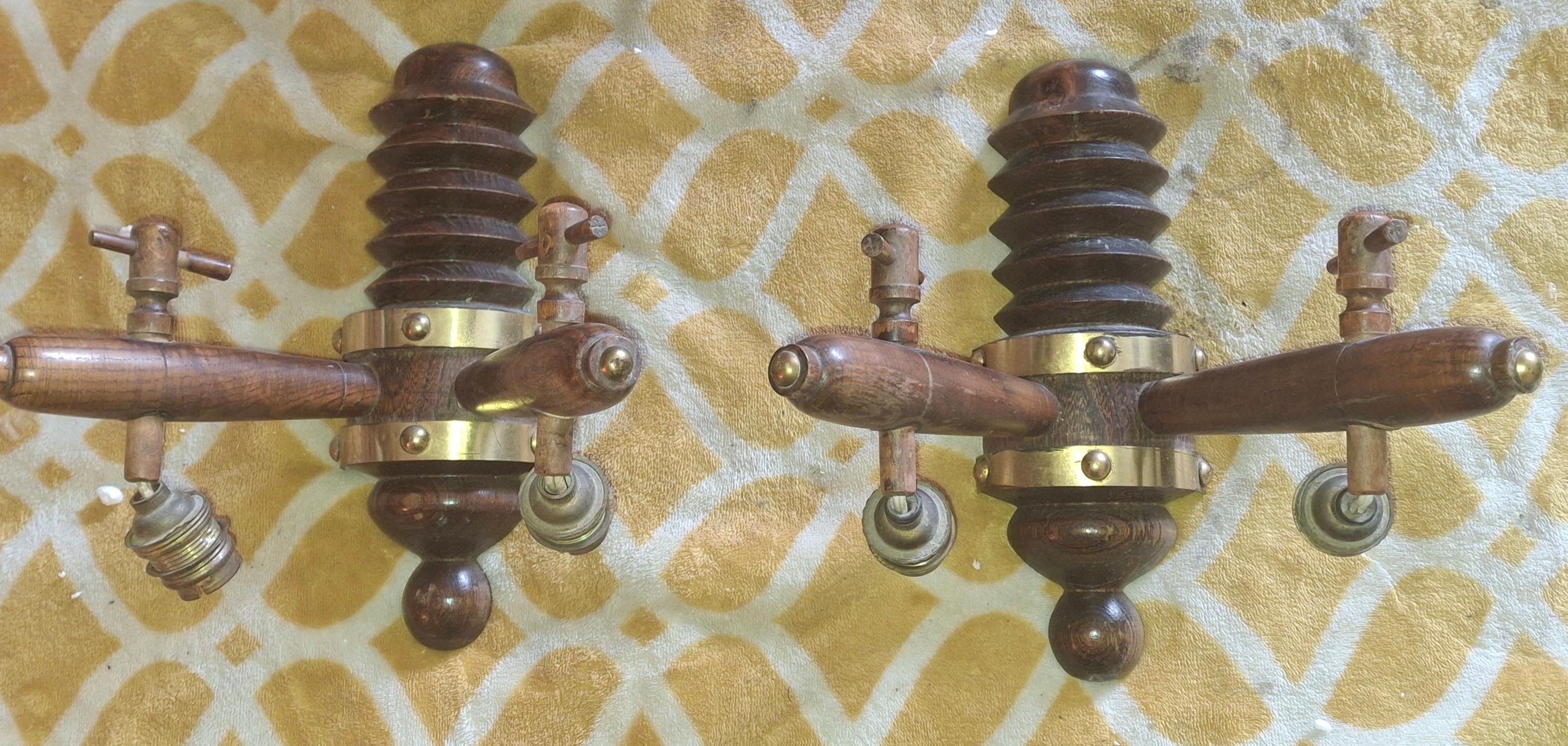 Pair 1930's French Art Deco Carved Wood Designer Wall Sconces by Charles Dudouyt In Good Condition For Sale In Opa Locka, FL