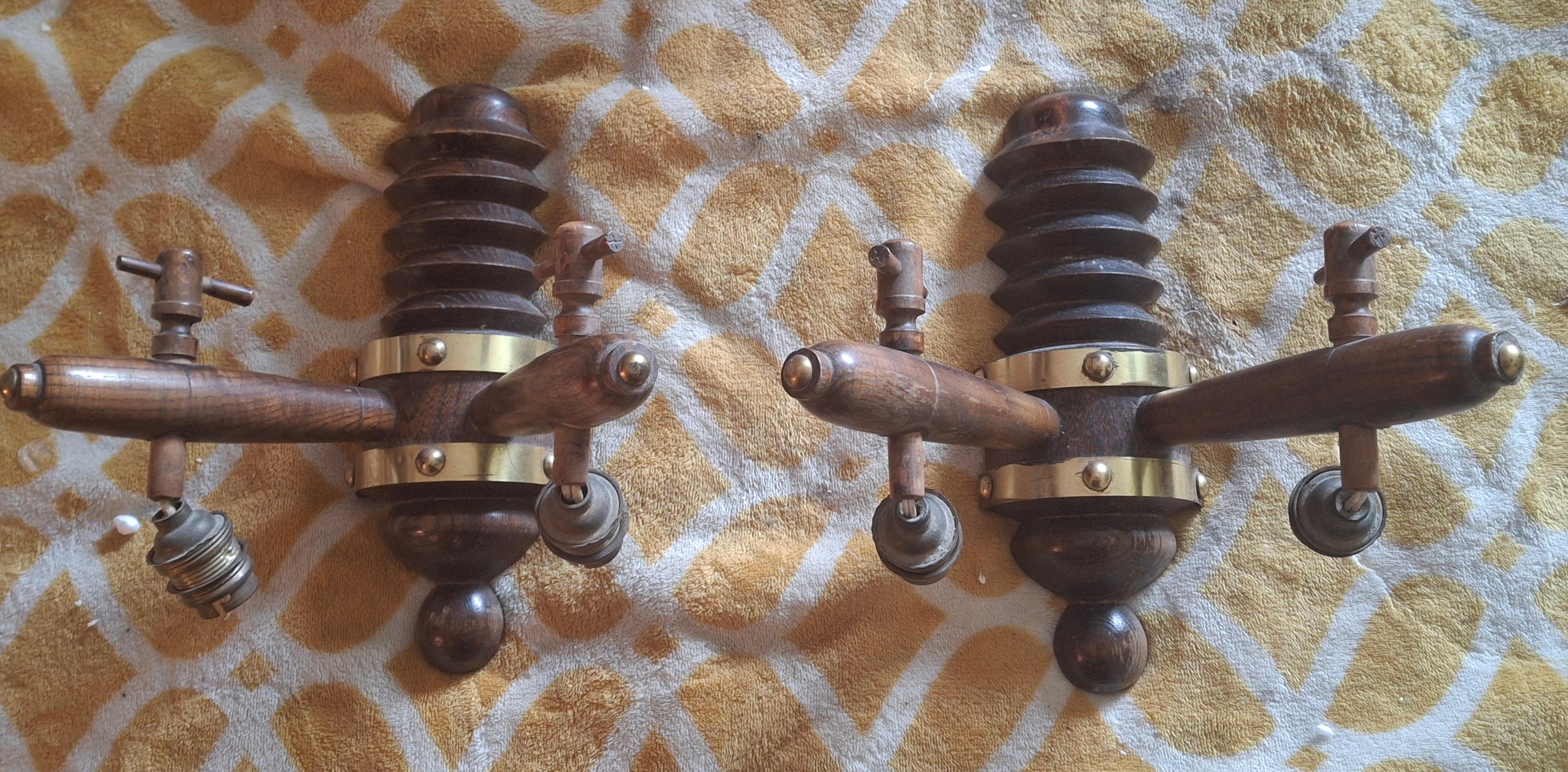 Mid-20th Century Pair 1930's French Art Deco Carved Wood Designer Wall Sconces by Charles Dudouyt For Sale