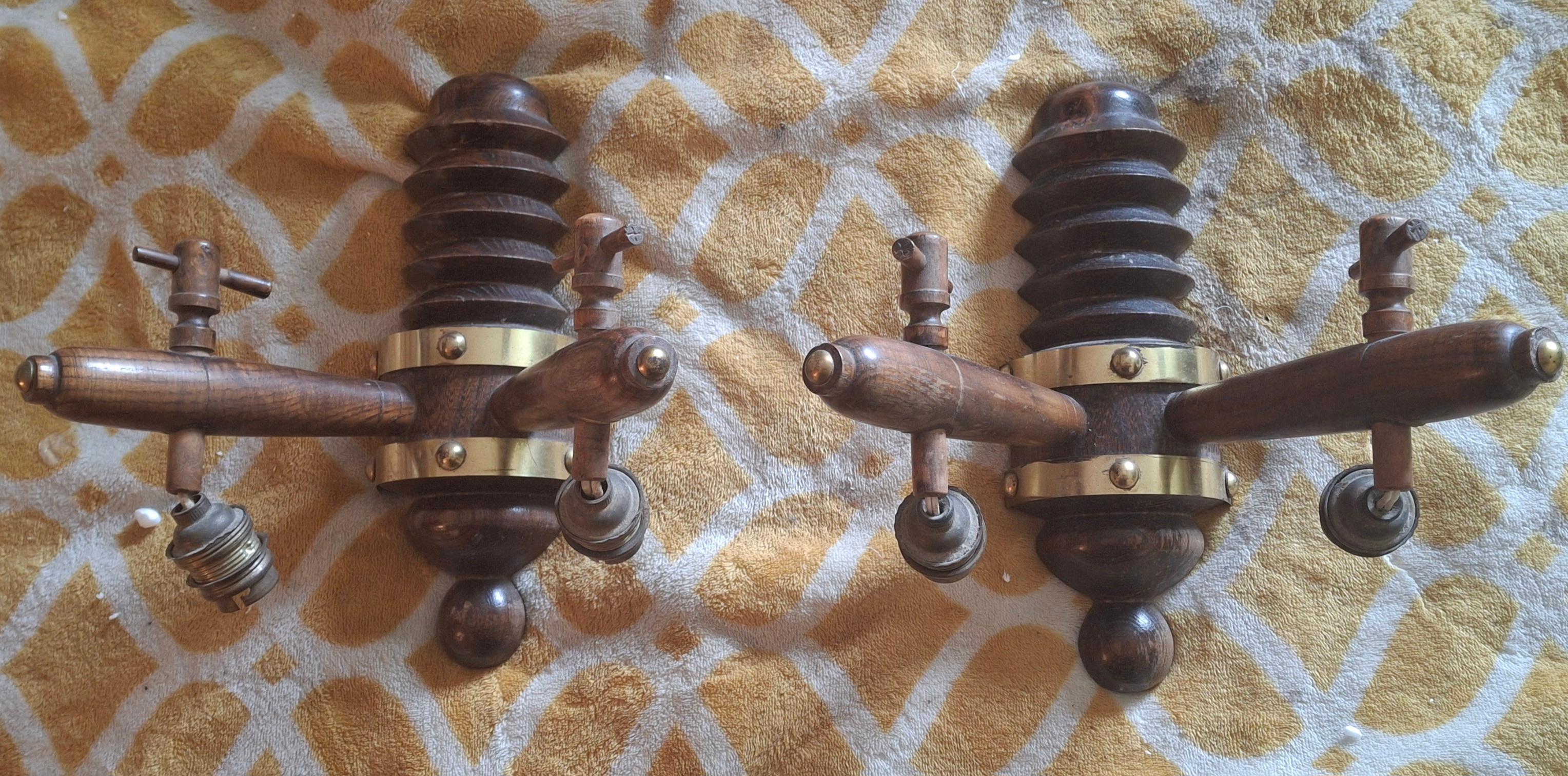 Pair 1930's French Art Deco Carved Wood Designer Wall Sconces by Charles Dudouyt For Sale 1