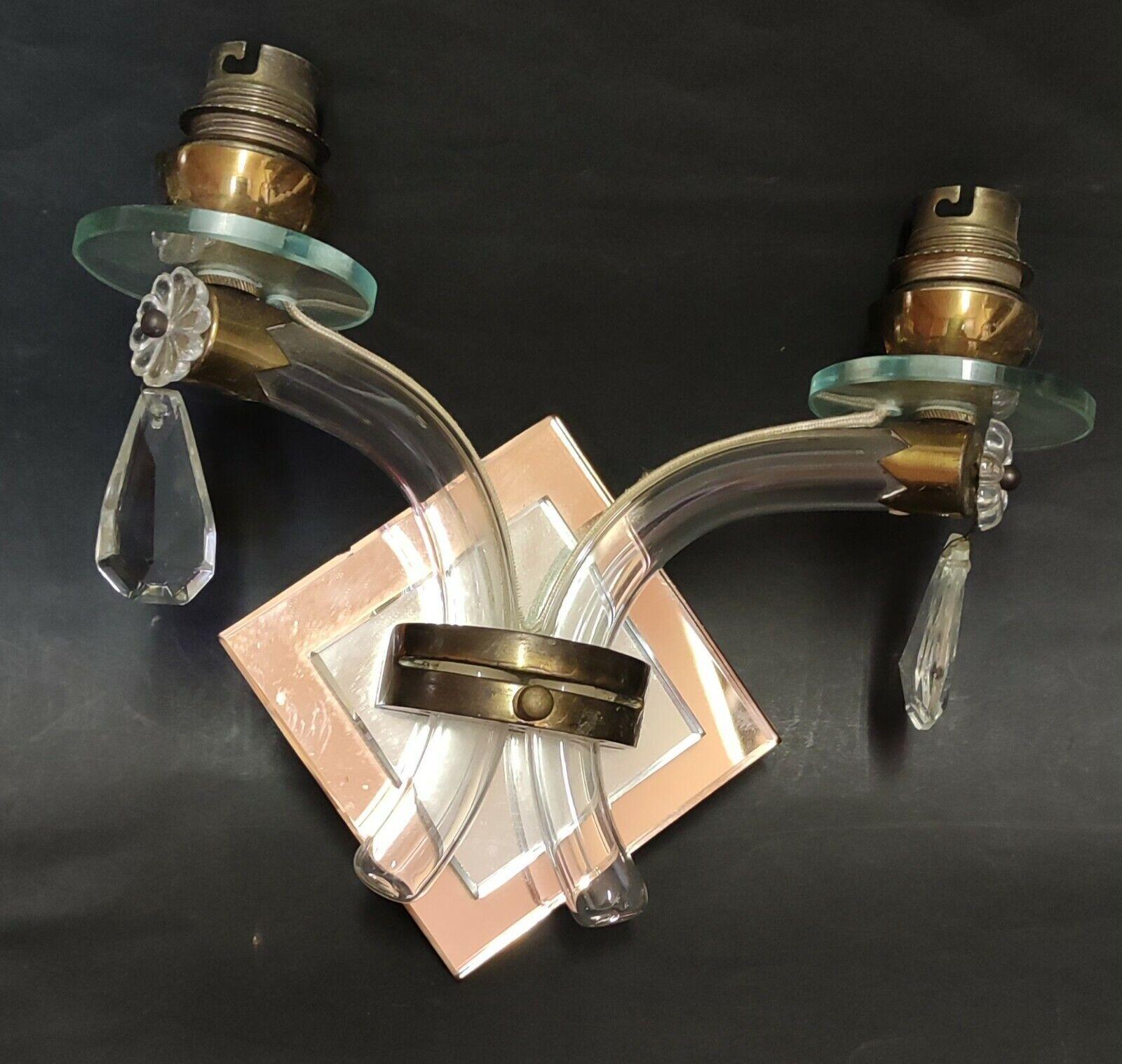 Pair 1930's French Art Deco Crystal Tubula/ Mirror Back Wall Sconces style Leleu In Good Condition For Sale In Opa Locka, FL