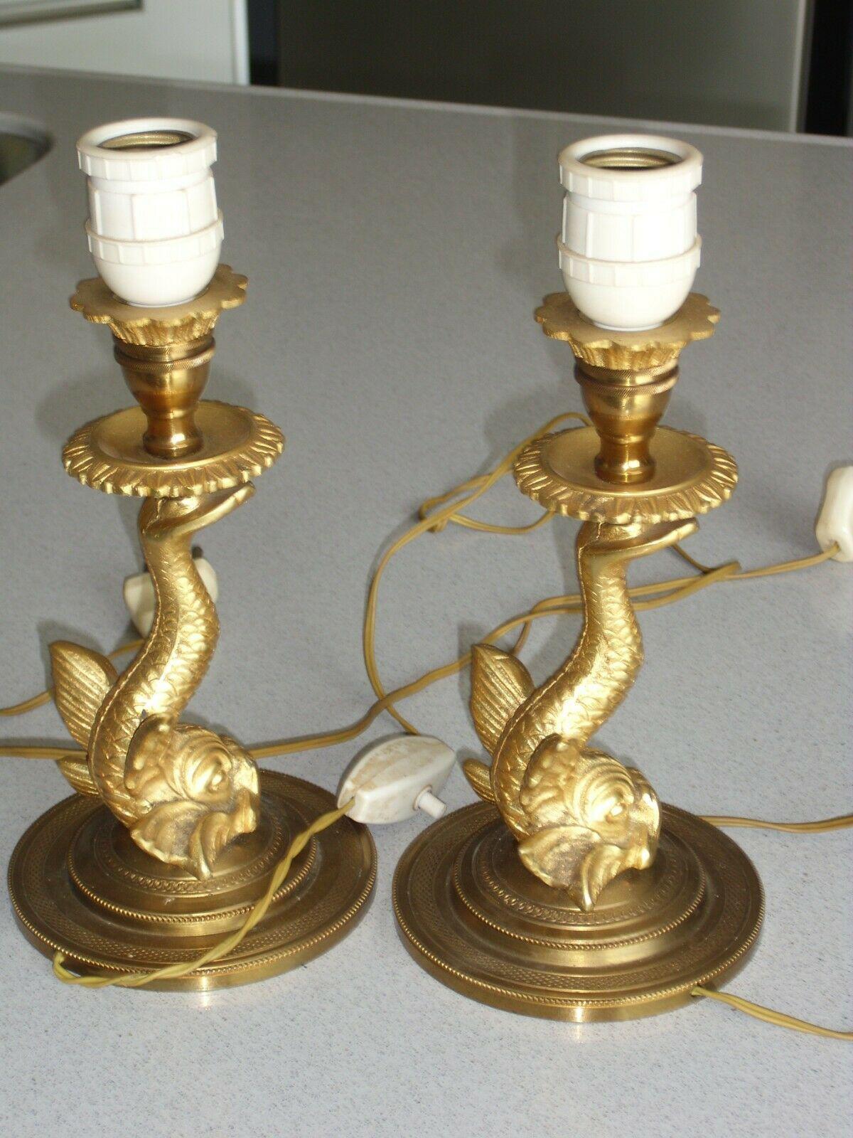 Pair 1930's French Art Deco Gilt Bronze Dolphin/ Koi/ Sea Creature Table Lamps For Sale 6