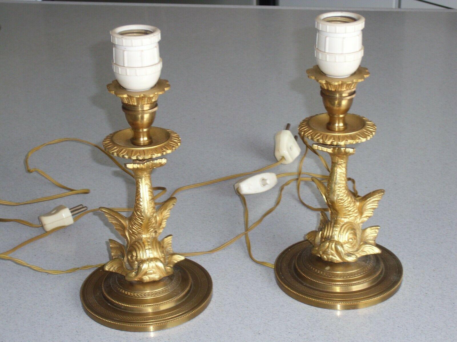 Paar 1930er Jahre Französisch Art Deco vergoldete Bronze Delphin / Koi / Meerestier Tischlampen im Angebot 1