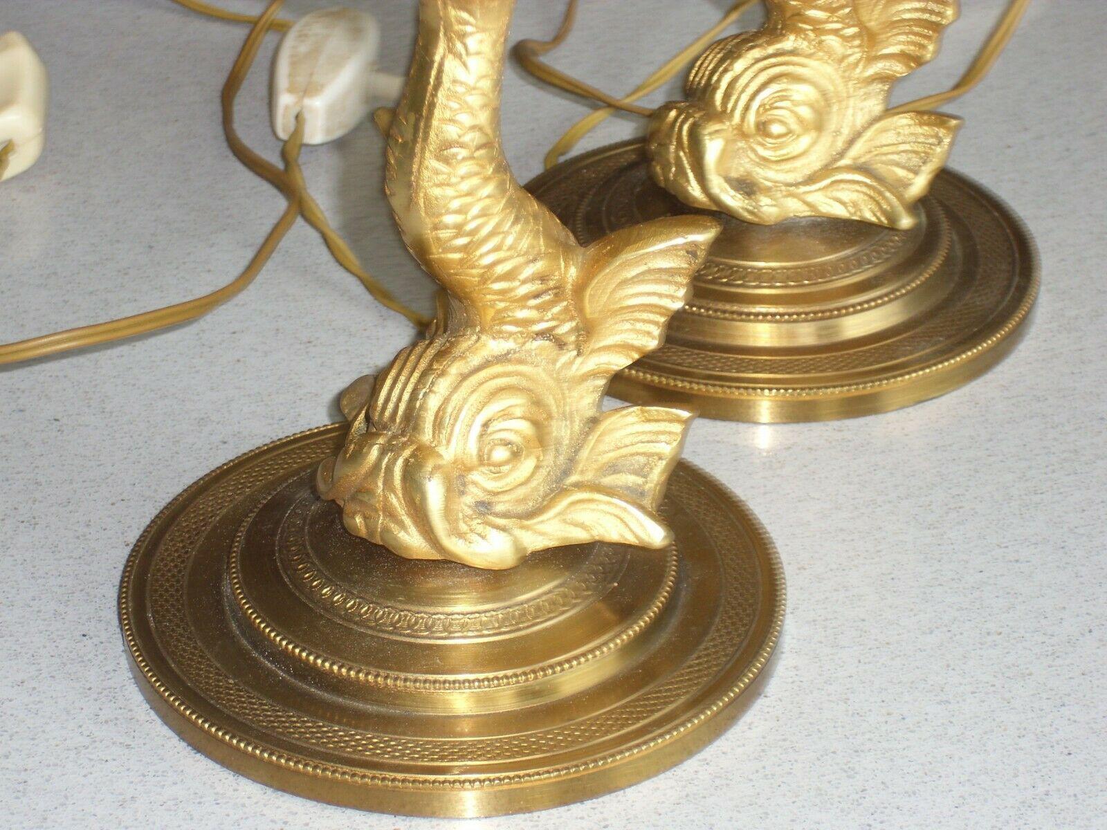 Pair 1930's French Art Deco Gilt Bronze Dolphin/ Koi/ Sea Creature Table Lamps For Sale 3