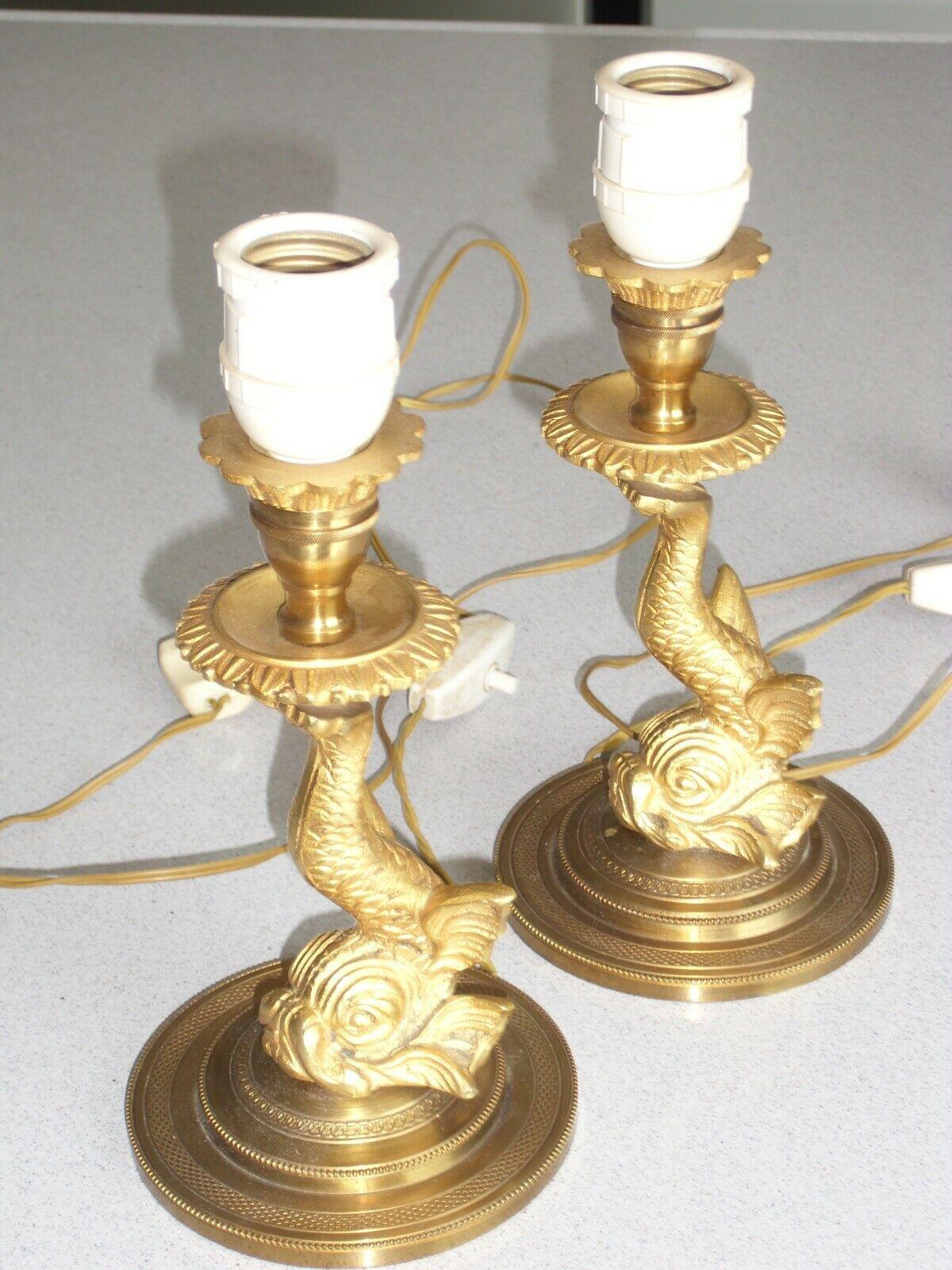 Paar 1930er Jahre Französisch Art Deco vergoldete Bronze Delphin / Koi / Meerestier Tischlampen im Angebot 3