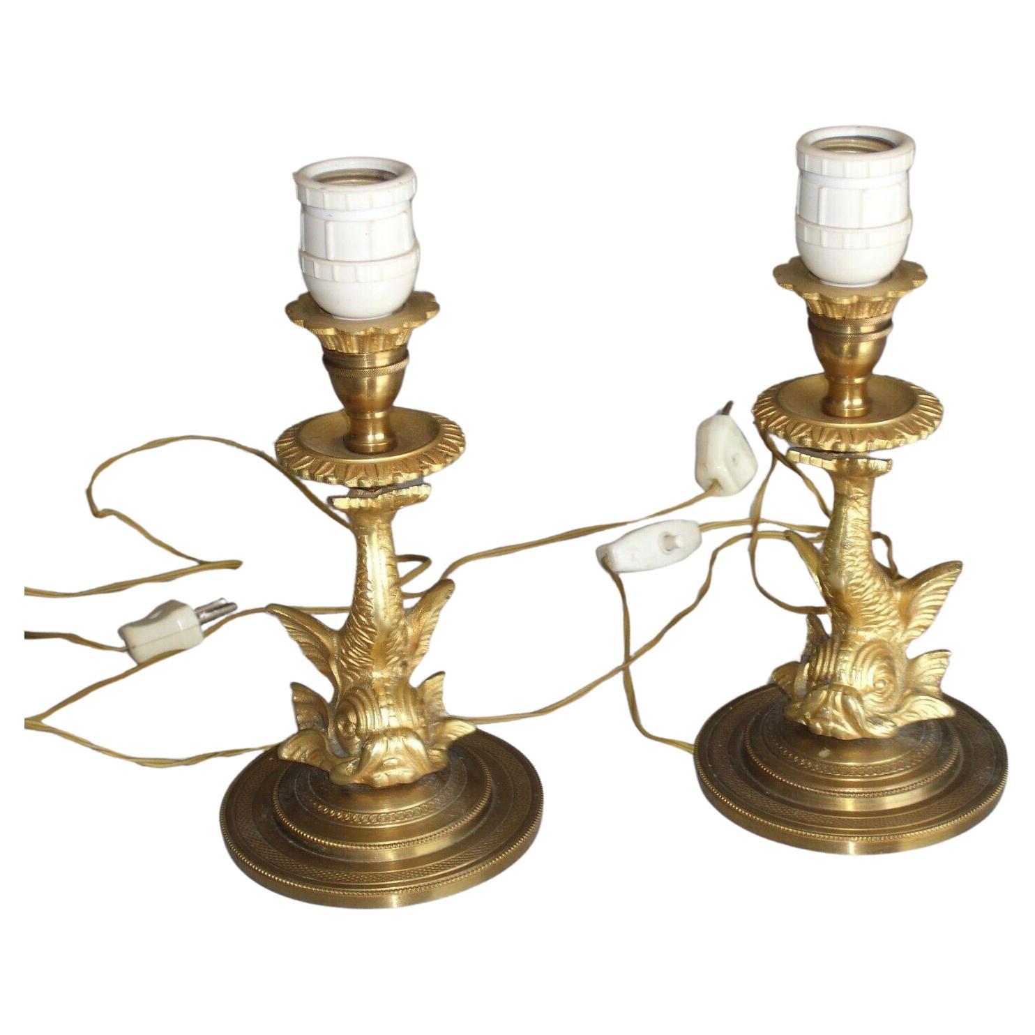 Paire de lampes de table en bronze doré Art déco français des années 1930 Dauphin/ KOI/ Créature marine en vente