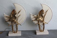 Pair 1930s French Art Deco Gilt Bronze Flamingos Aginst Silk Half Moon Shade