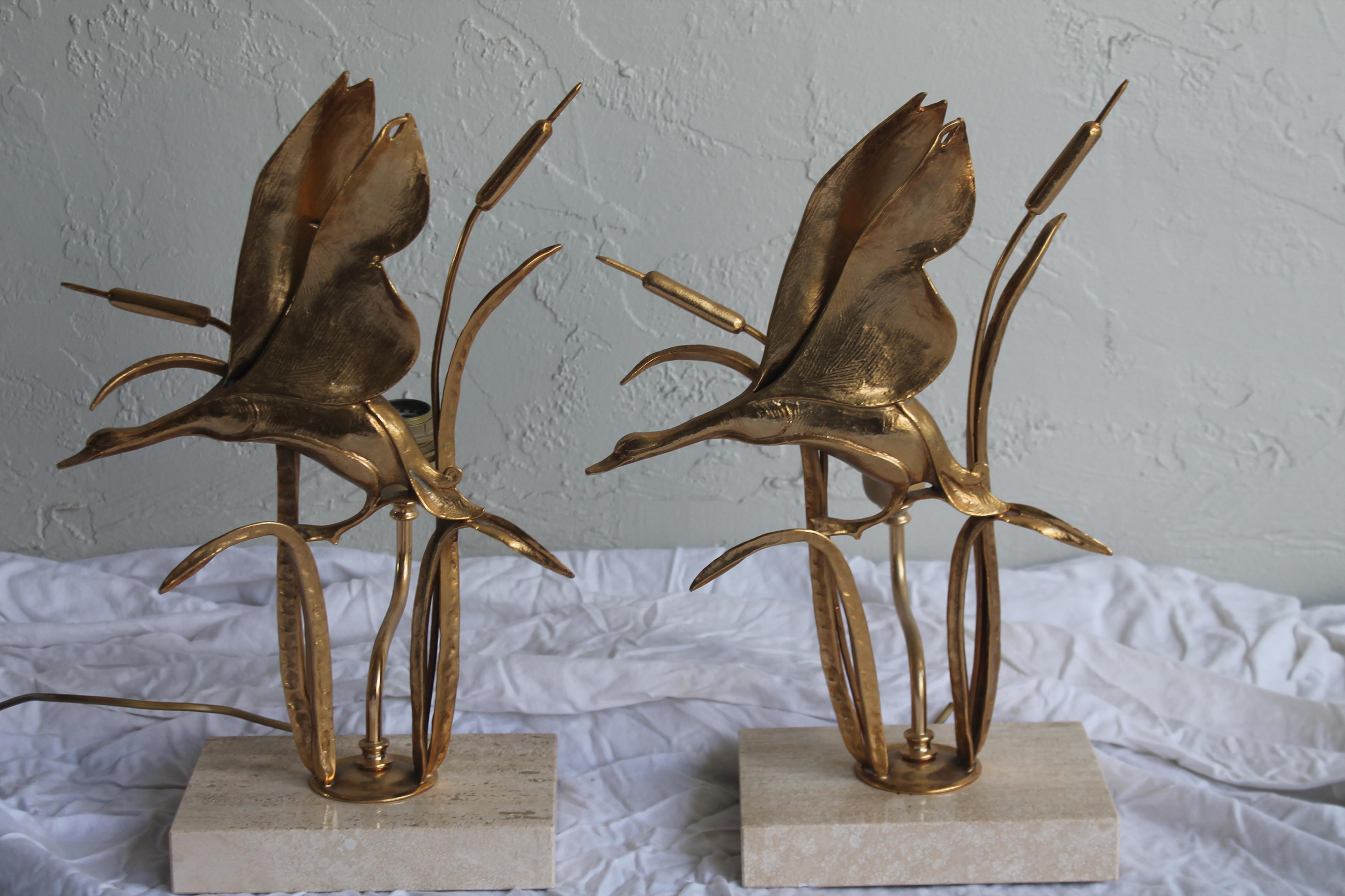 Pair 1930s French Art Deco Gilt Bronze Flamingos Aginst Silk Half Moon Shade In Good Condition For Sale In Opa Locka, FL