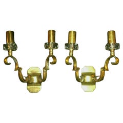 Pair 1930s French Art Deco Gilt Bronze Wall Sconces Documented by Jules Leleu