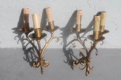 Pair 1930's French Art Deco Gilt Metal Wall Sconces